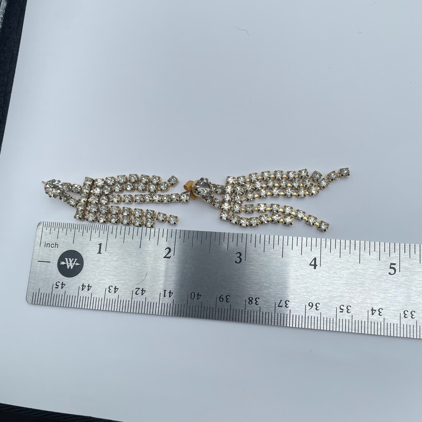 Vintage 80s Gold Tone Clear Rhinestone Dangle Fringe Earrings Statement Formal - Thumbnail 10