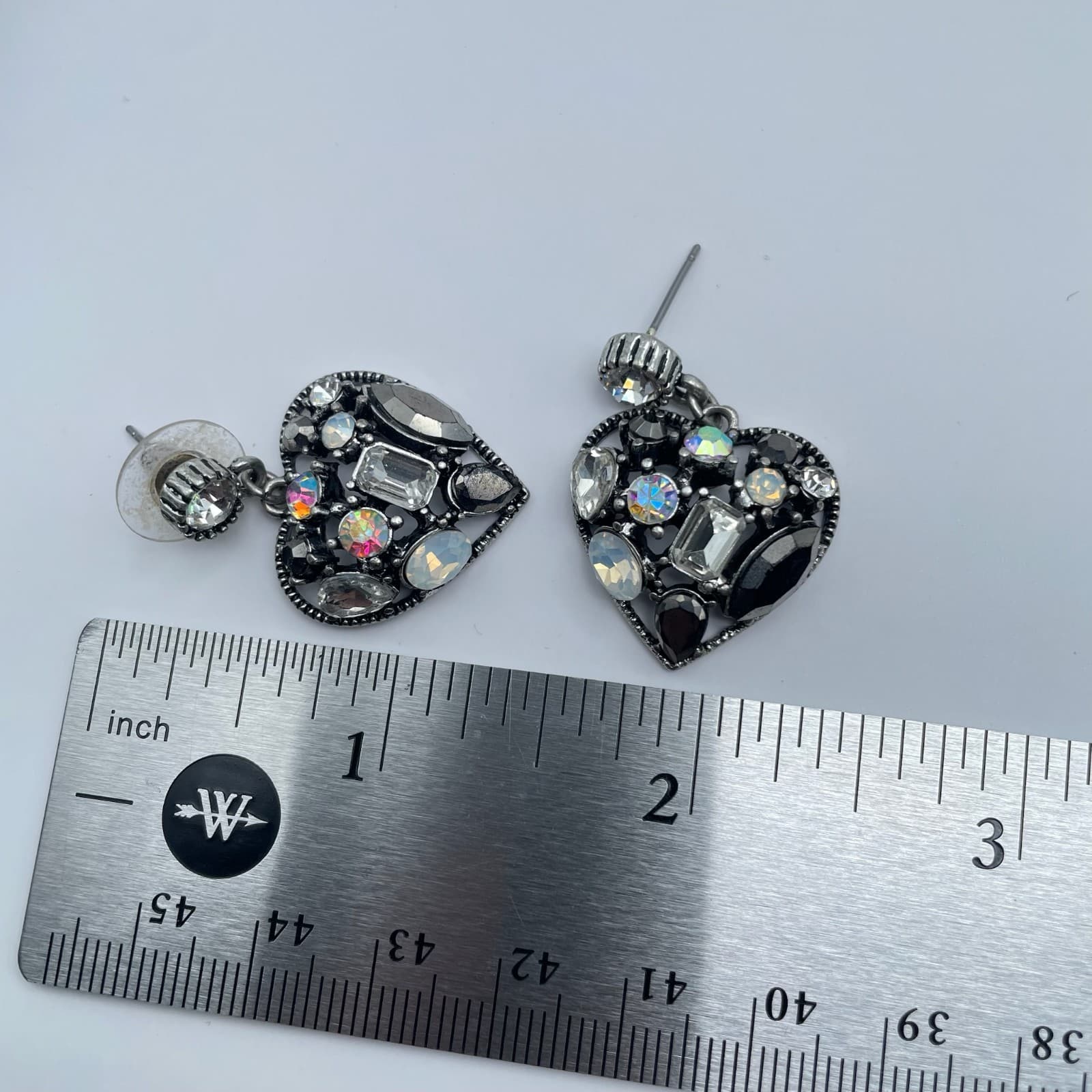 Vintage 90s Silver Tone Aurora Borealis Glass Stone Heart Drop Stud Earrings - Thumbnail 11