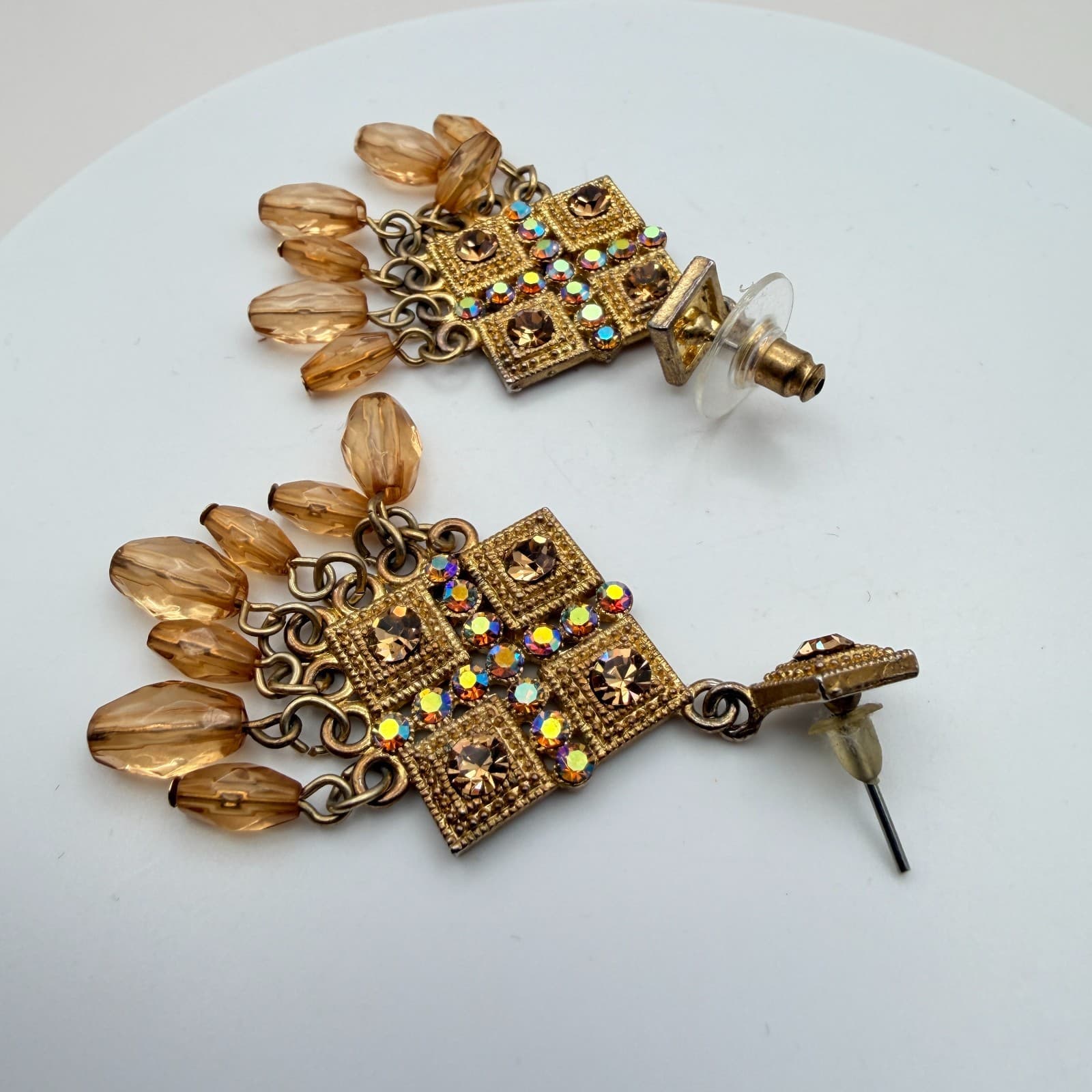 Vintage 90s Gold Tone Amber Glass Chandelier Earrings Boho Geometric Dangle - Thumbnail 6