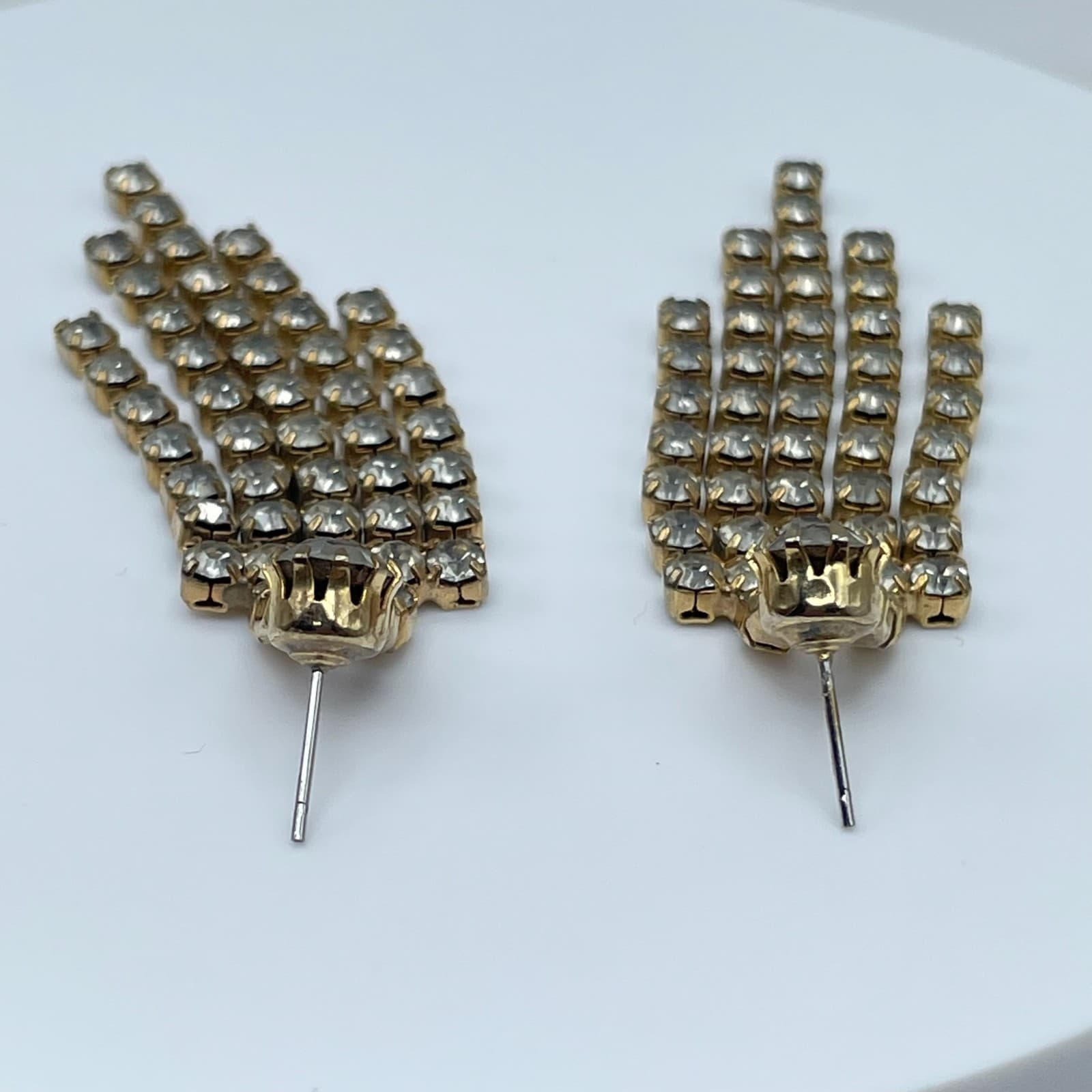 Vintage 80s Gold Tone Clear Rhinestone Dangle Fringe Earrings Statement Formal - Thumbnail 7