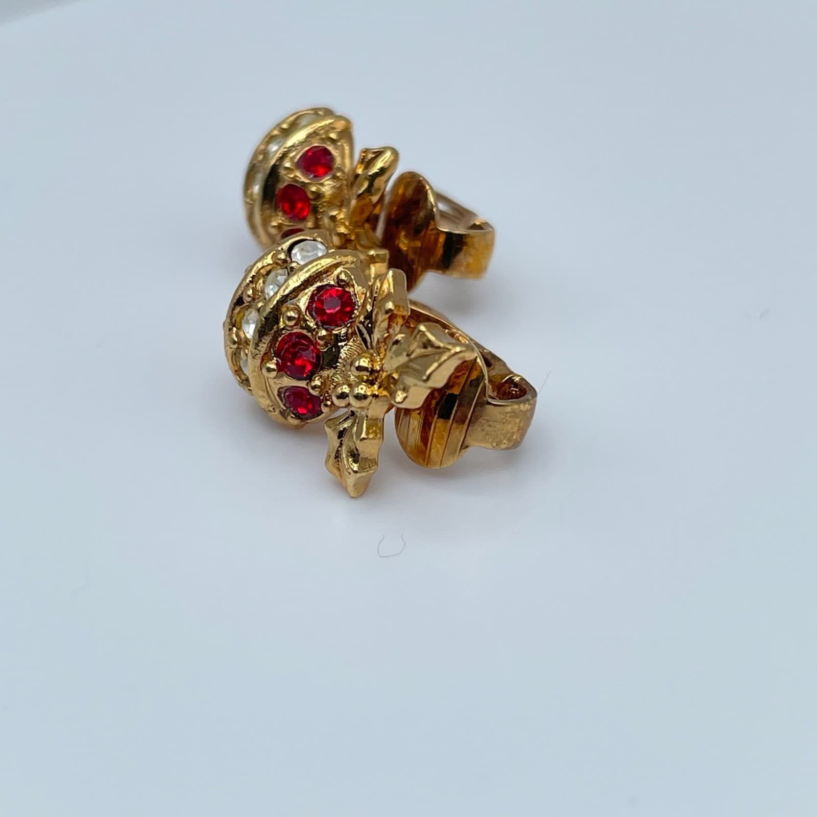 Vintage 90s Christmas Ornament Clip On Earrings Gold Tone Rhinestone Jewelry - Thumbnail 9