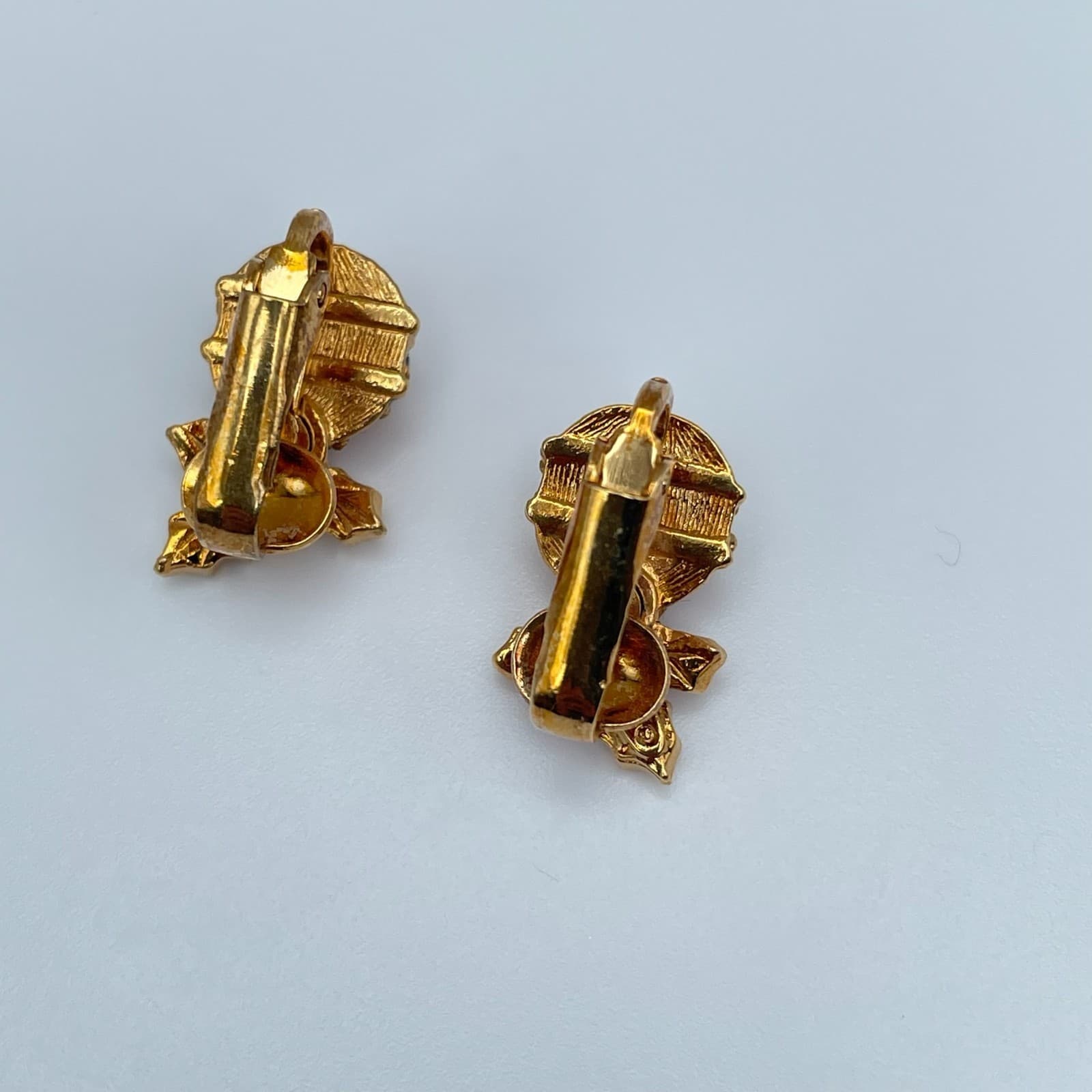 Vintage 90s Christmas Ornament Clip On Earrings Gold Tone Rhinestone Jewelry - Thumbnail 8