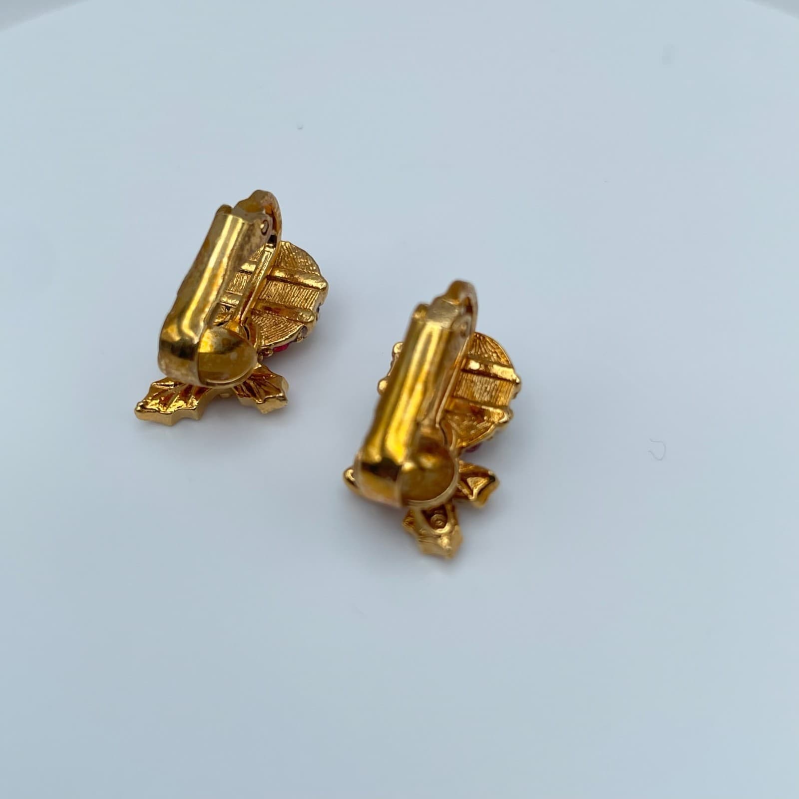 Vintage 90s Christmas Ornament Clip On Earrings Gold Tone Rhinestone Jewelry - Thumbnail 7