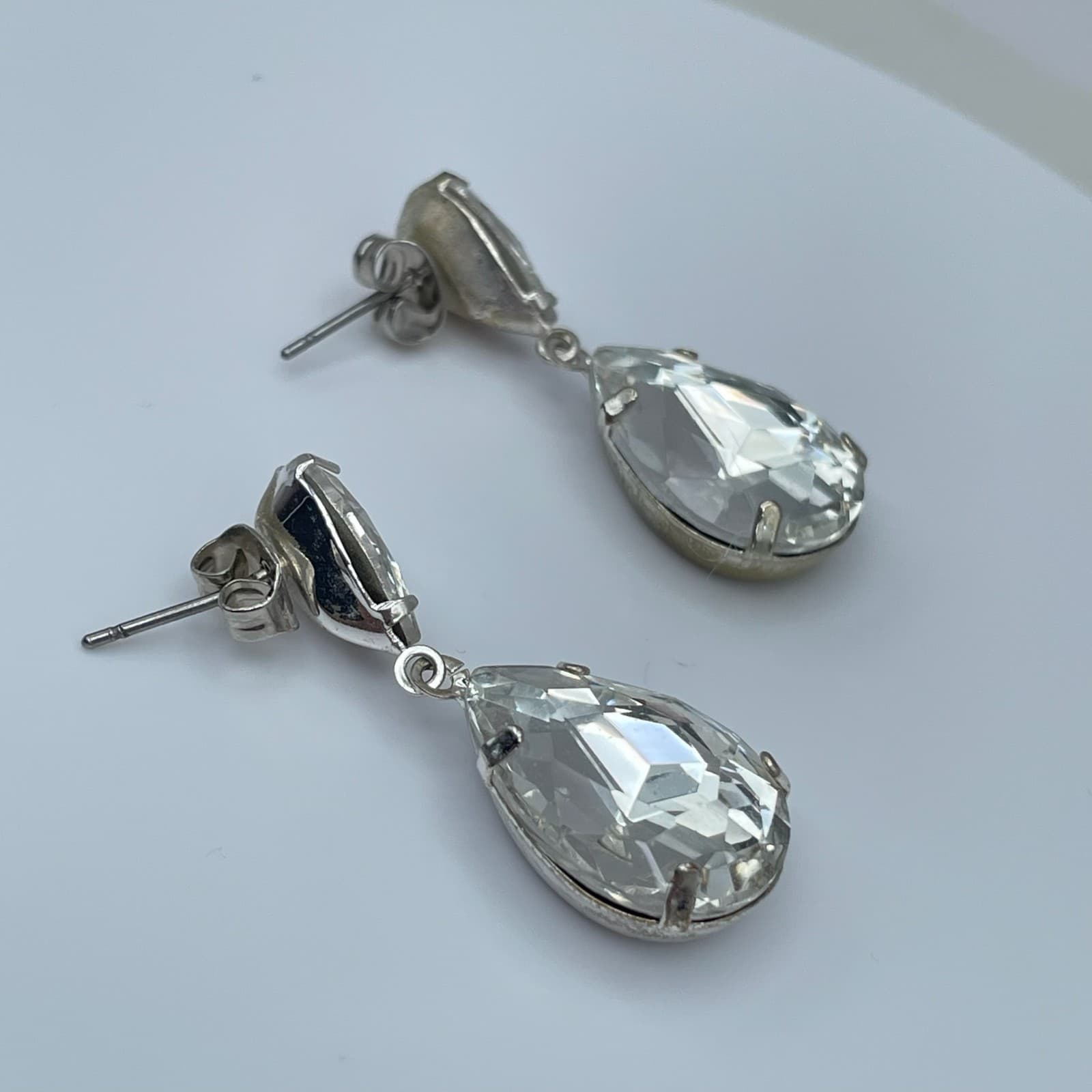Vintage 90s Silver-Tone Clear Teardrop Dangle Earrings Post Back Jewelry - Thumbnail 7