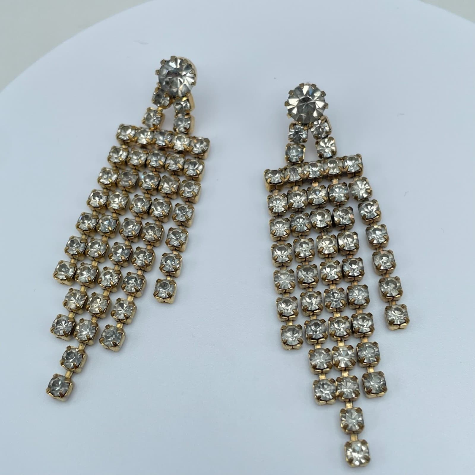 Vintage 80s Gold Tone Clear Rhinestone Dangle Fringe Earrings Statement Formal - Image 1