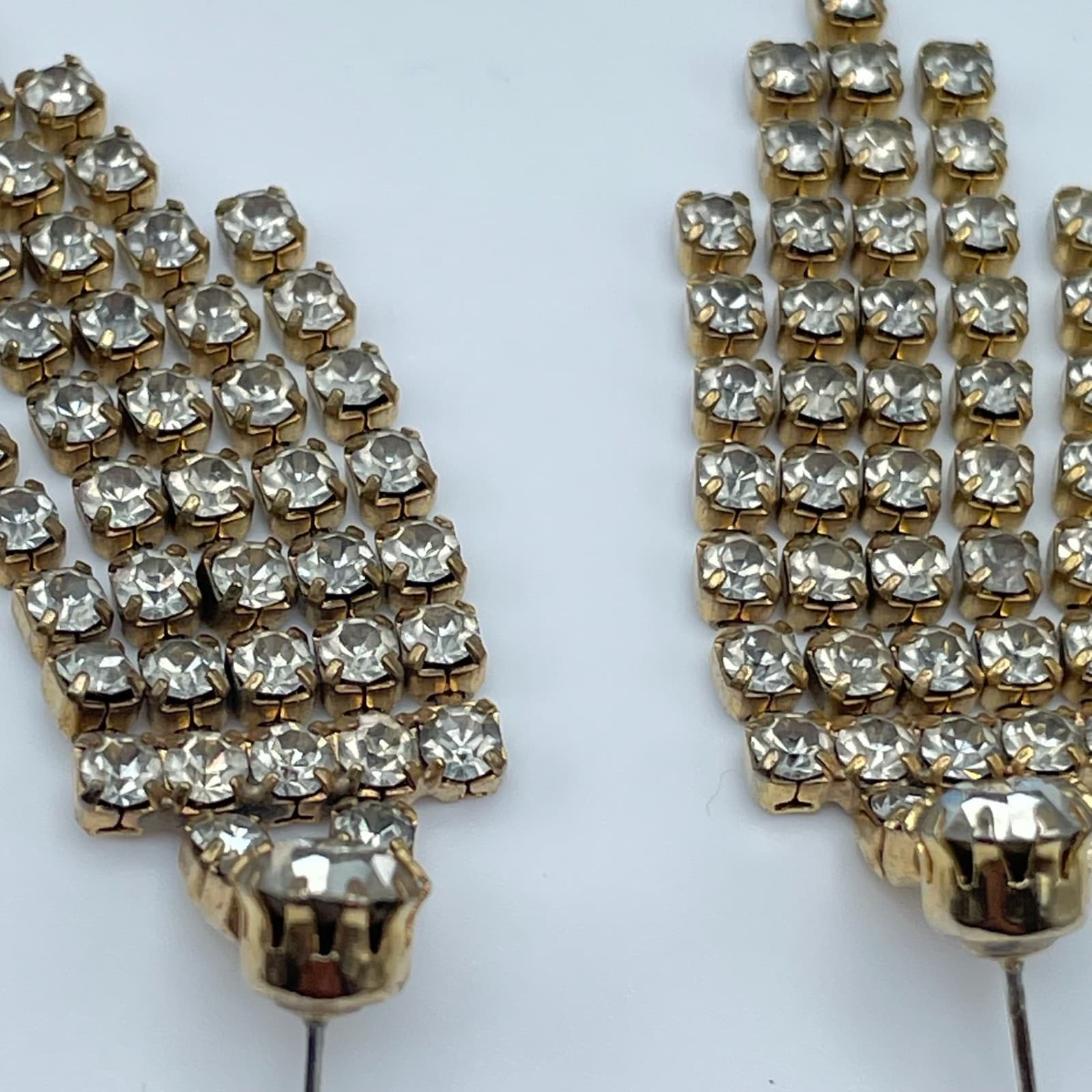 Vintage 80s Gold Tone Clear Rhinestone Dangle Fringe Earrings Statement Formal - Thumbnail 8