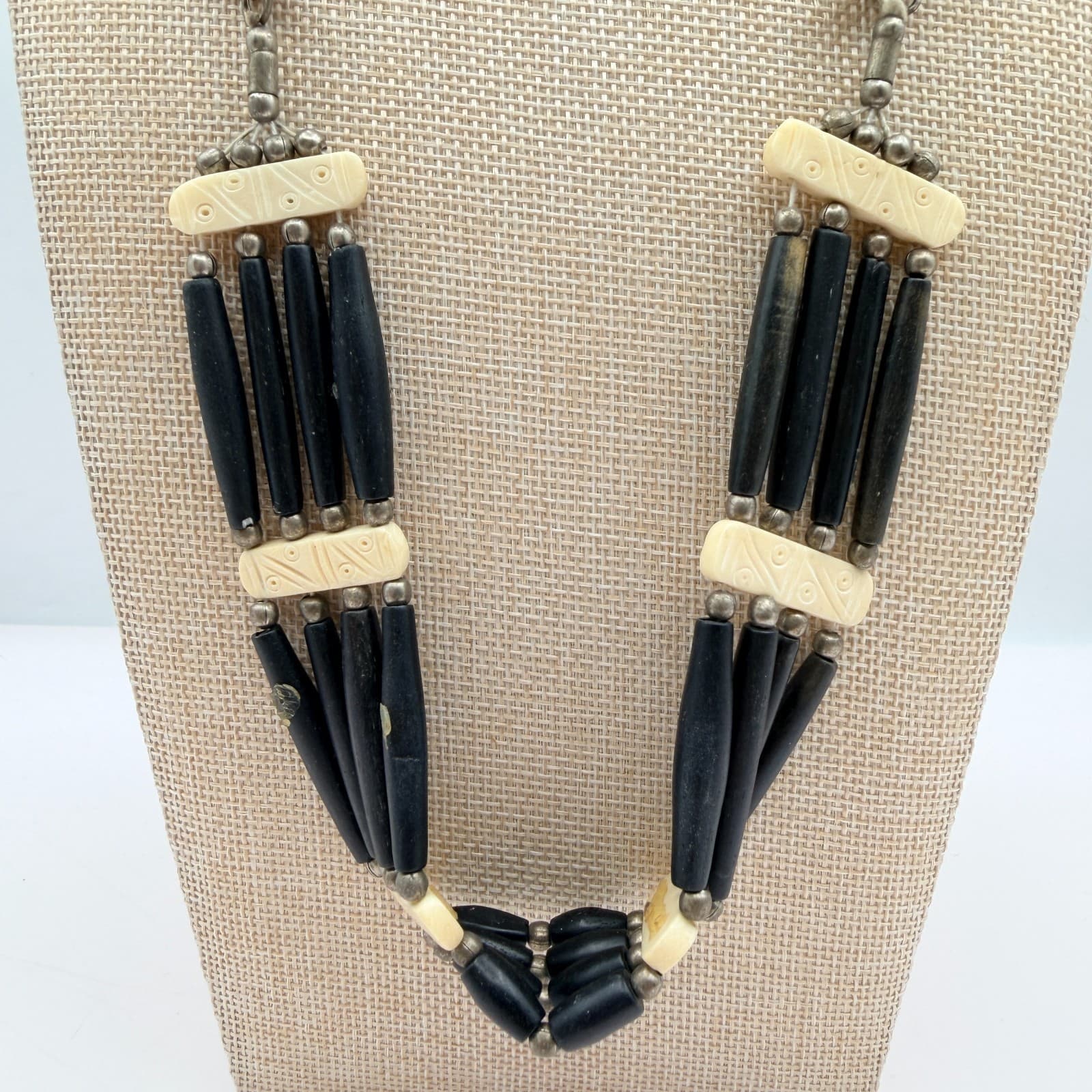Vintage 90s Tribal Statement Necklace Wood Glass Beads Leather Cord Boho Jewelry - Thumbnail 3