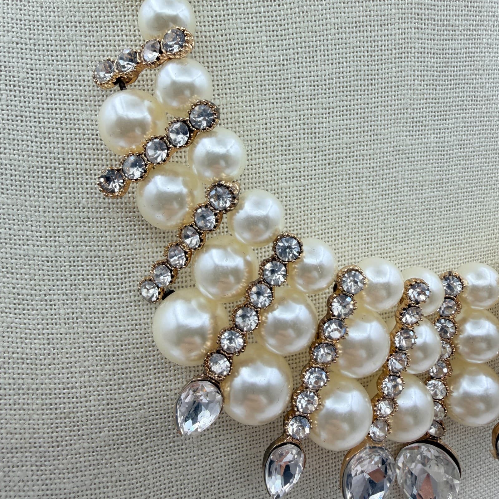 Vintage 90s Gold Tone Glass Faux Pearl Bib Necklace Women's Fashion Jewelry - Thumbnail 5