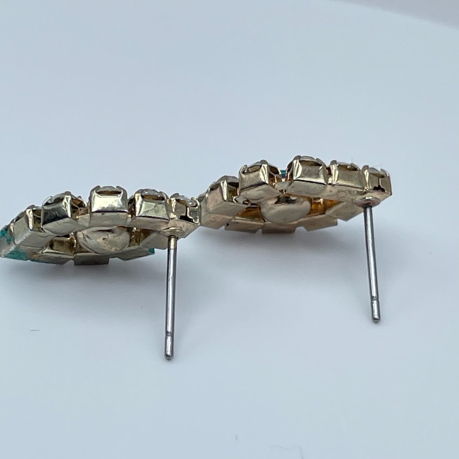 Vintage 80s Evil Eye Stud Earrings Blue Glass Rhinestone Silver Tone Fashion - Thumbnail 8