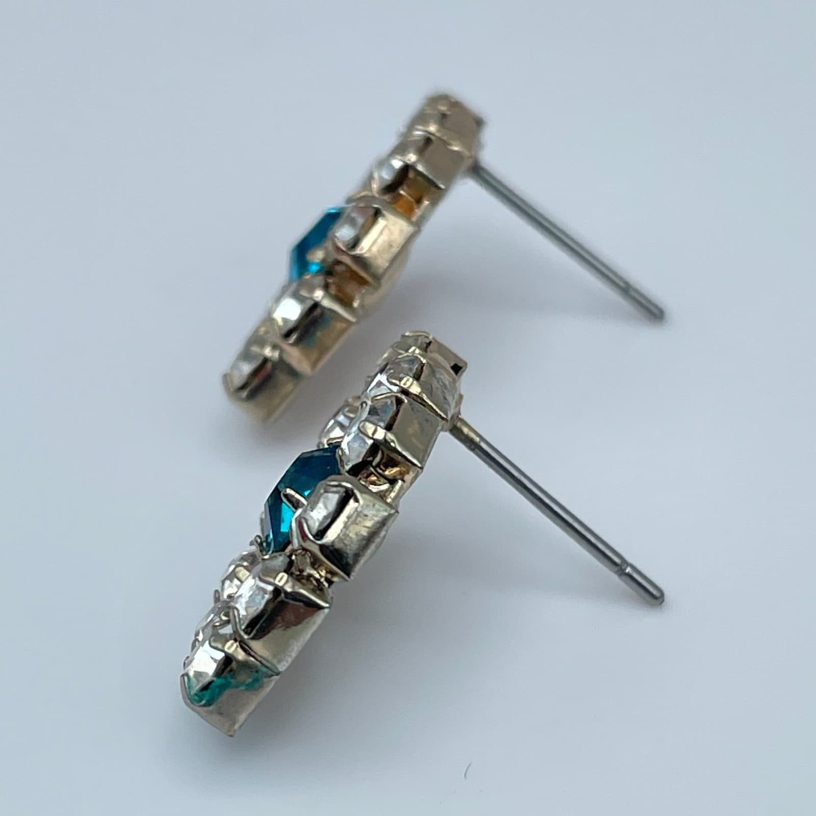 Vintage 80s Evil Eye Stud Earrings Blue Glass Rhinestone Silver Tone Fashion - Thumbnail 7