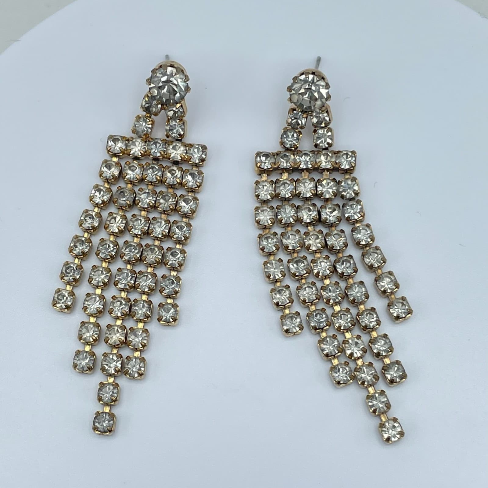 Vintage 80s Gold Tone Clear Rhinestone Dangle Fringe Earrings Statement Formal - Thumbnail 5