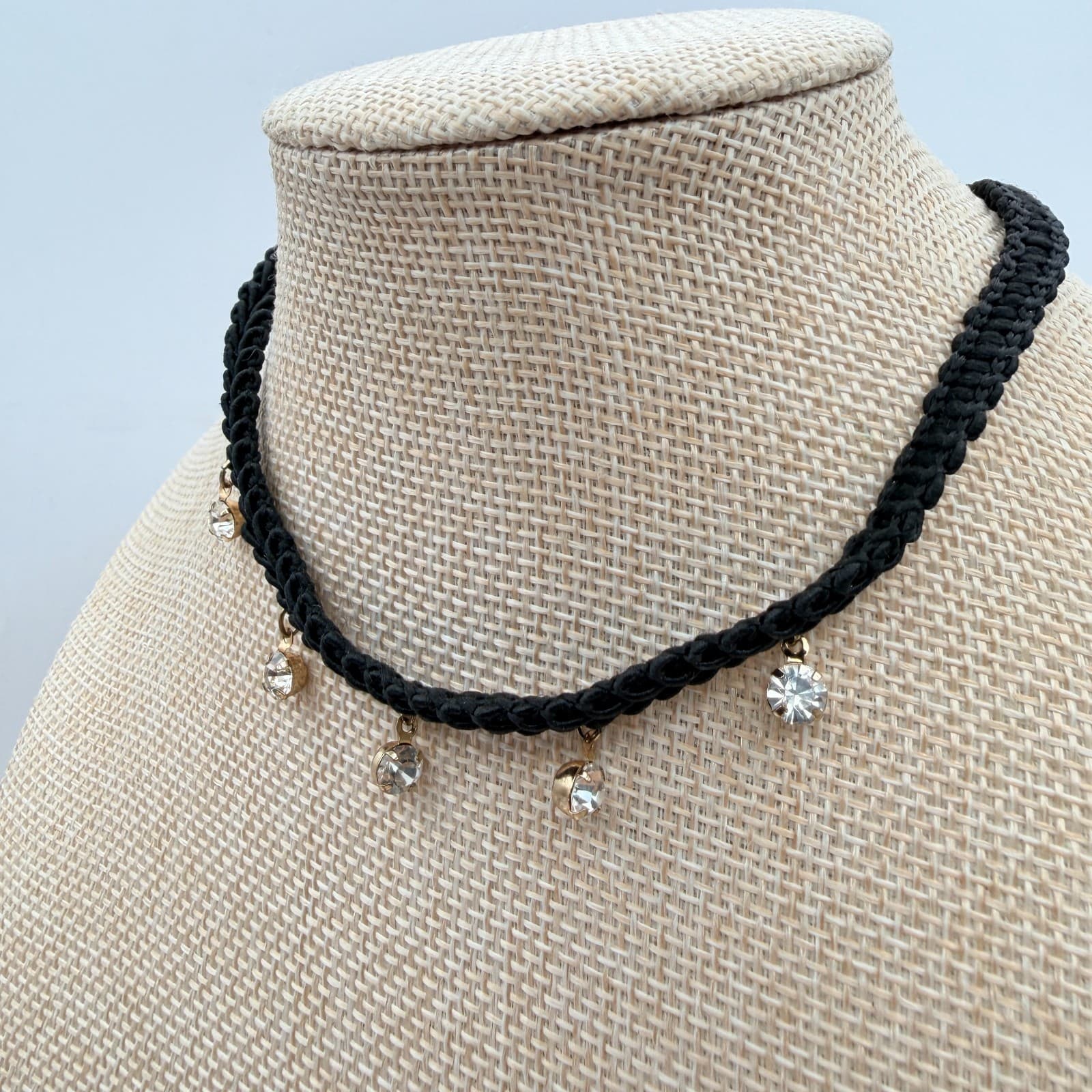 Vintage 90s Black Braided Cord Choker Necklace Gold Tone Glass Charms Jewelry - Thumbnail 4