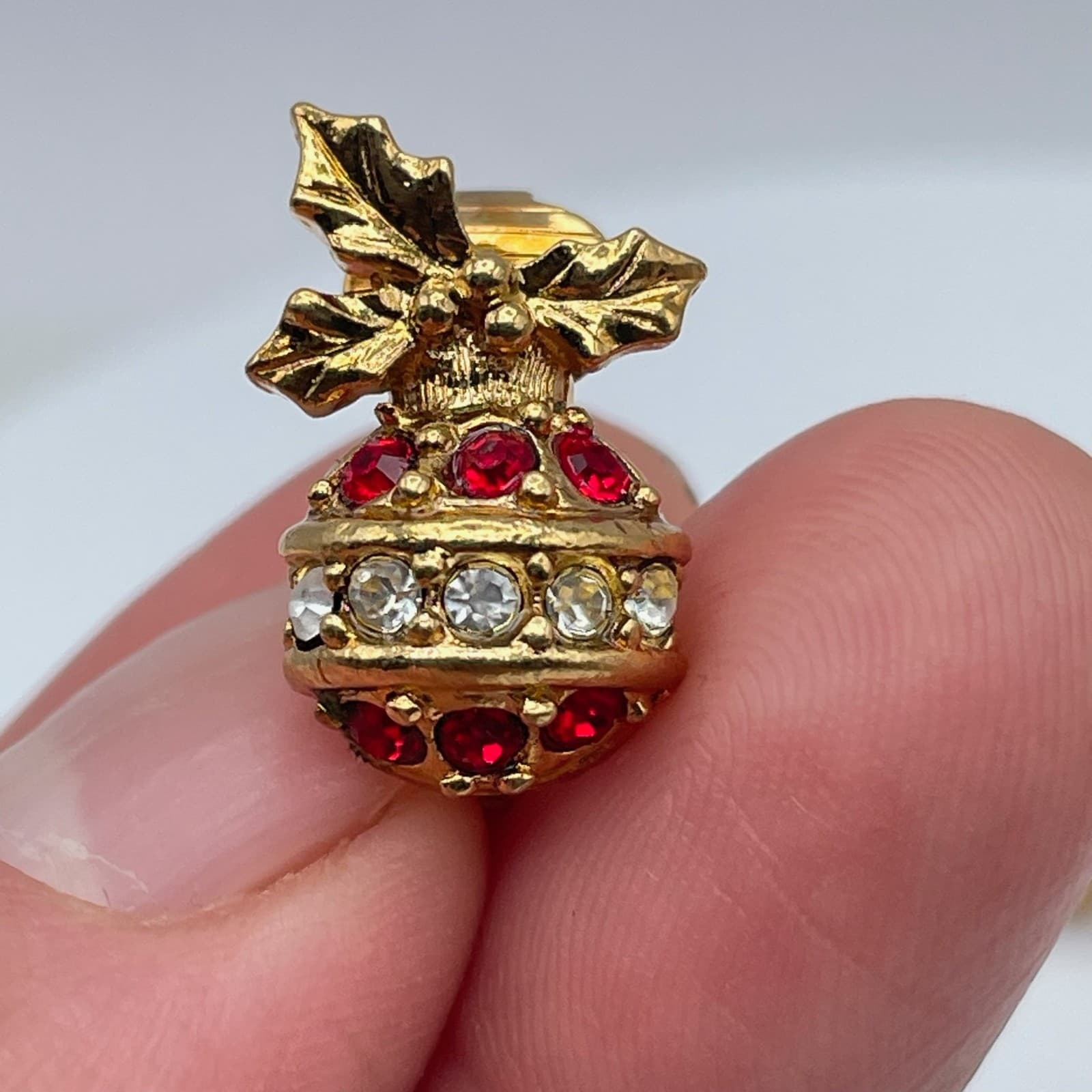 Vintage 90s Christmas Ornament Clip On Earrings Gold Tone Rhinestone Jewelry - Thumbnail 5