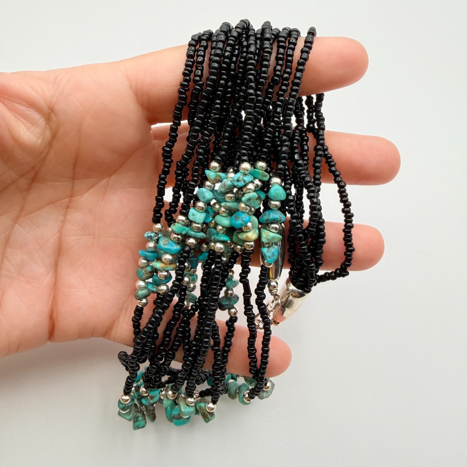 Vintage 90s Multi Strand Turquoise Black Glass Seed Bead Statement Necklace Boho - Thumbnail 8