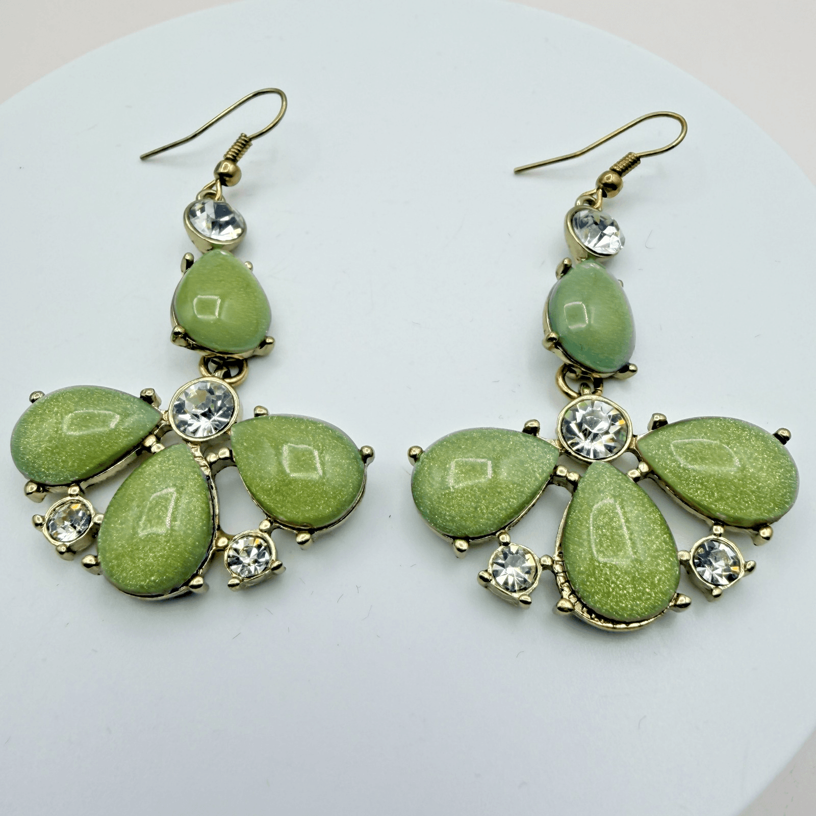 Vintage 90s Gold Tone Green Teardrop Dangle Earrings Women's Classic Jewelry - Thumbnail 2