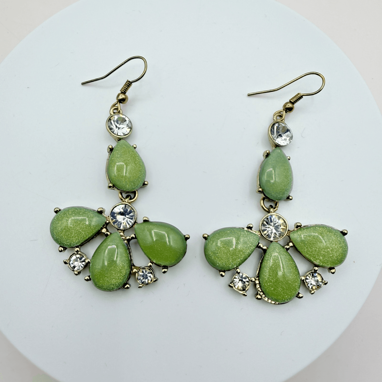 Vintage 90s Gold Tone Green Teardrop Dangle Earrings Women's Classic Jewelry - Image 1