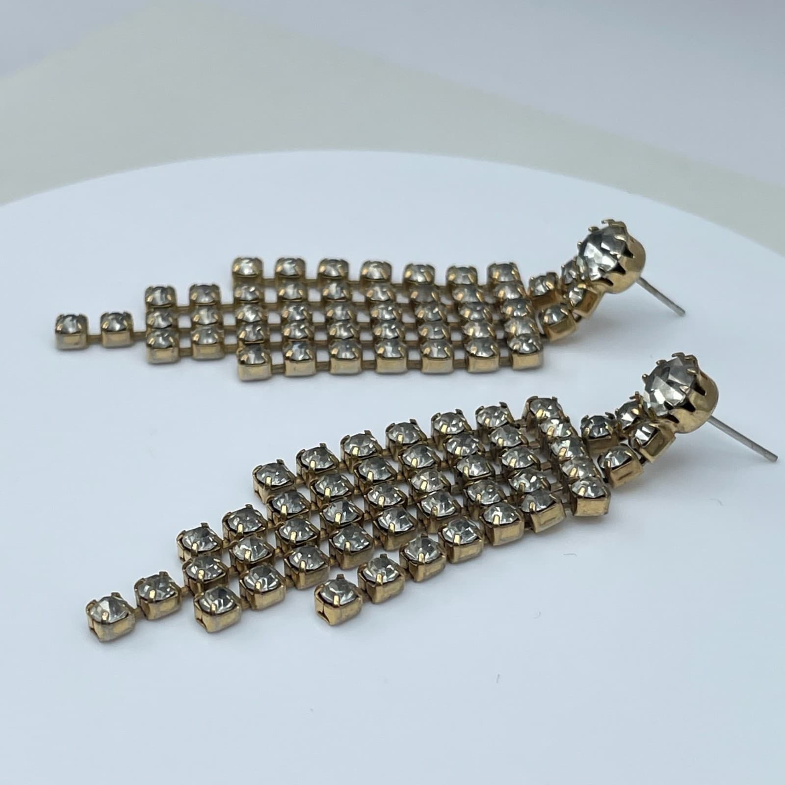 Vintage 80s Gold Tone Clear Rhinestone Dangle Fringe Earrings Statement Formal - Thumbnail 6