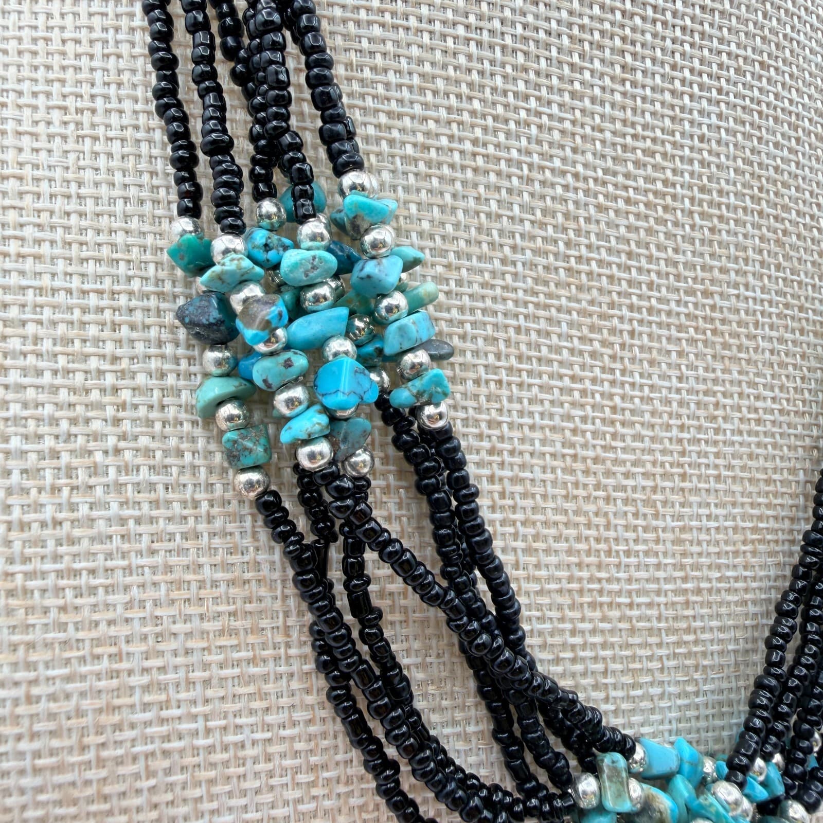 Vintage 90s Multi Strand Turquoise Black Glass Seed Bead Statement Necklace Boho - Thumbnail 3