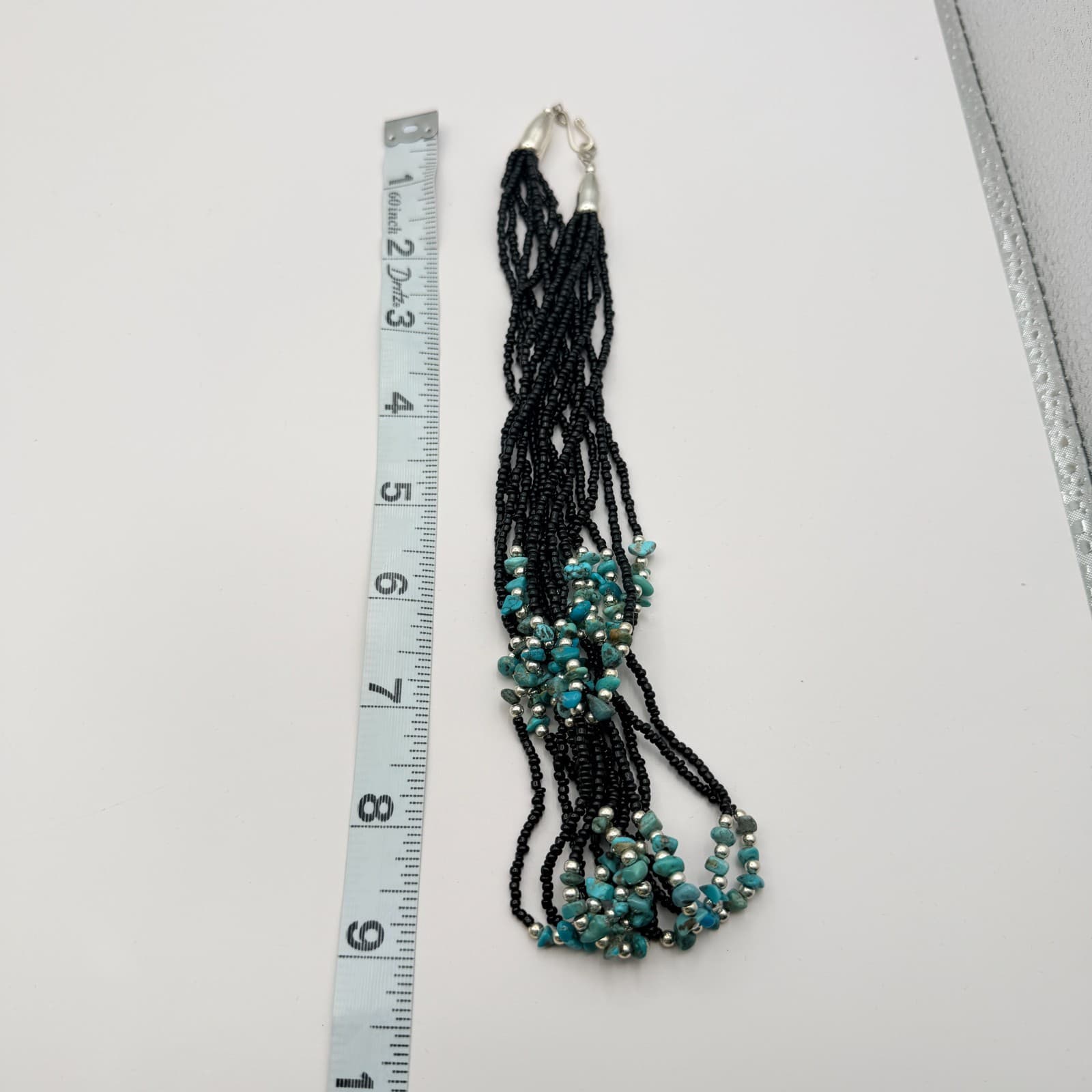 Vintage 90s Multi Strand Turquoise Black Glass Seed Bead Statement Necklace Boho - Thumbnail 9