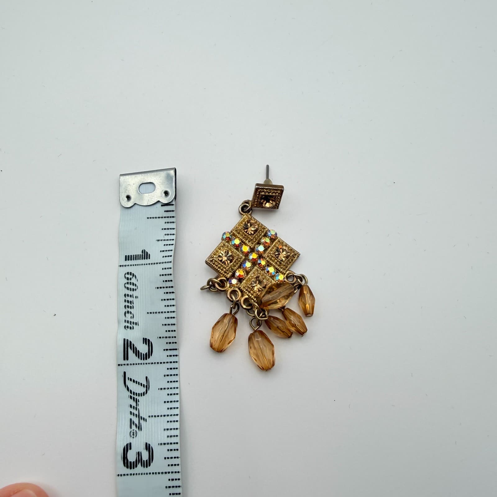 Vintage 90s Gold Tone Amber Glass Chandelier Earrings Boho Geometric Dangle - Thumbnail 8