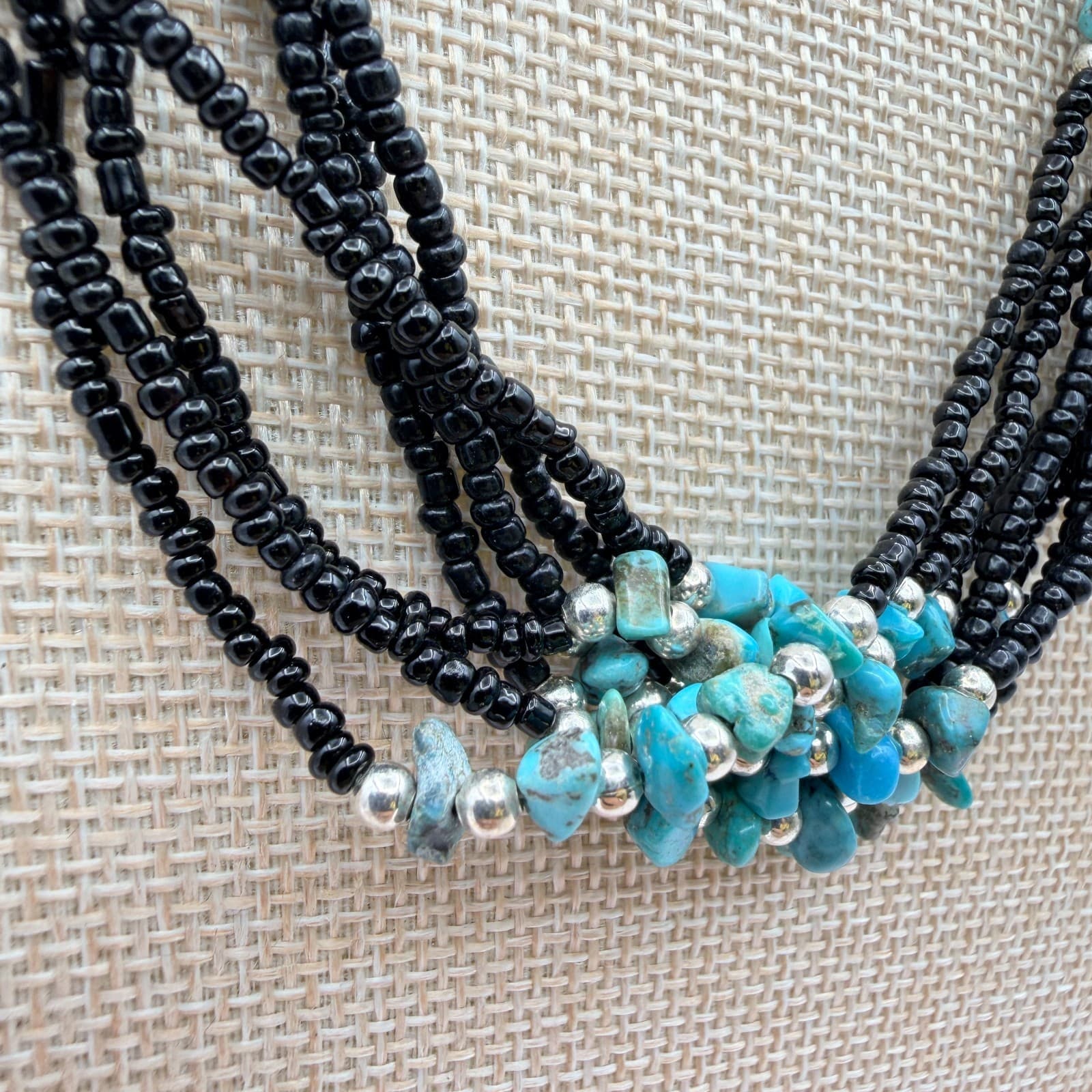Vintage 90s Multi Strand Turquoise Black Glass Seed Bead Statement Necklace Boho - Thumbnail 4