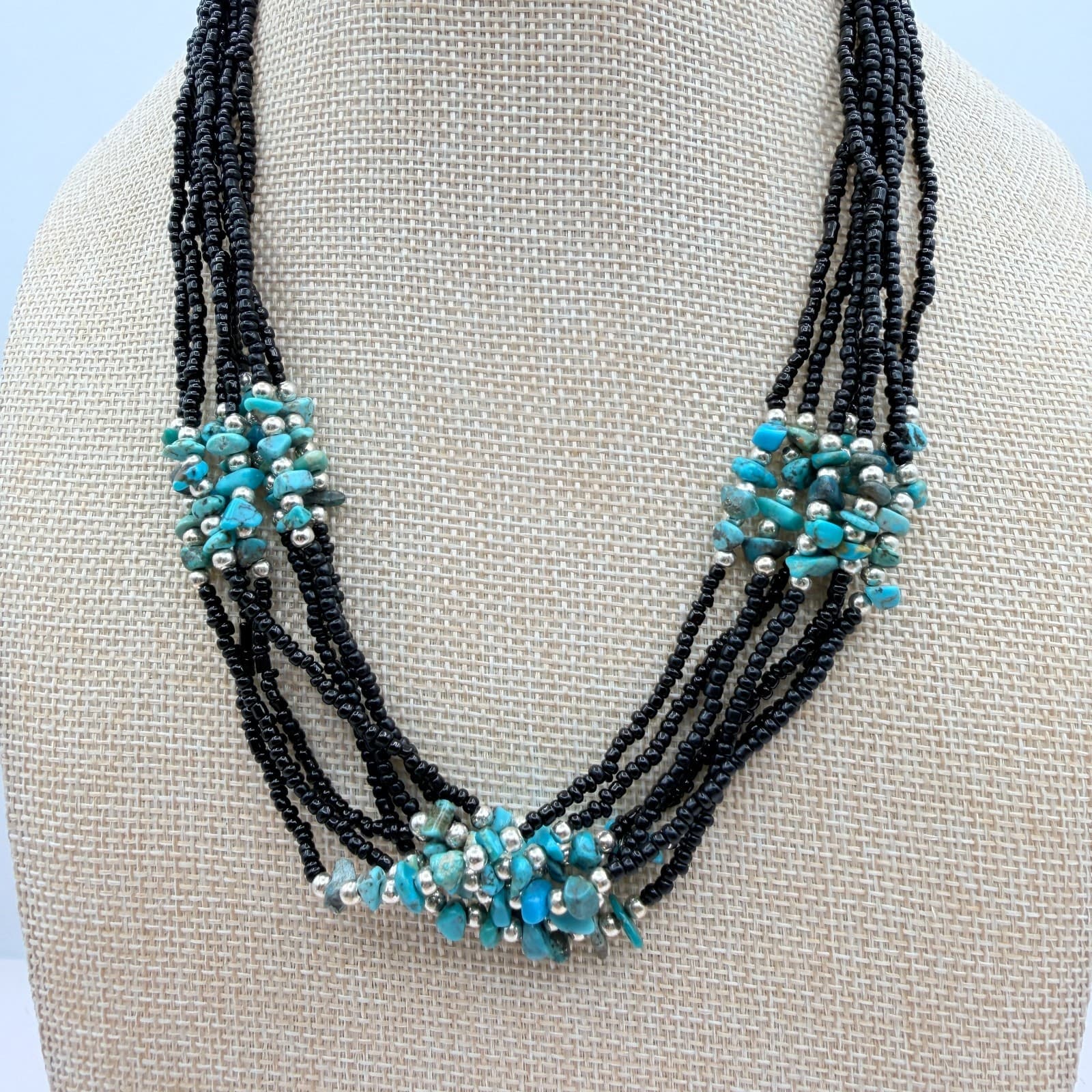 Vintage 90s Multi Strand Turquoise Black Glass Seed Bead Statement Necklace Boho - Thumbnail 5