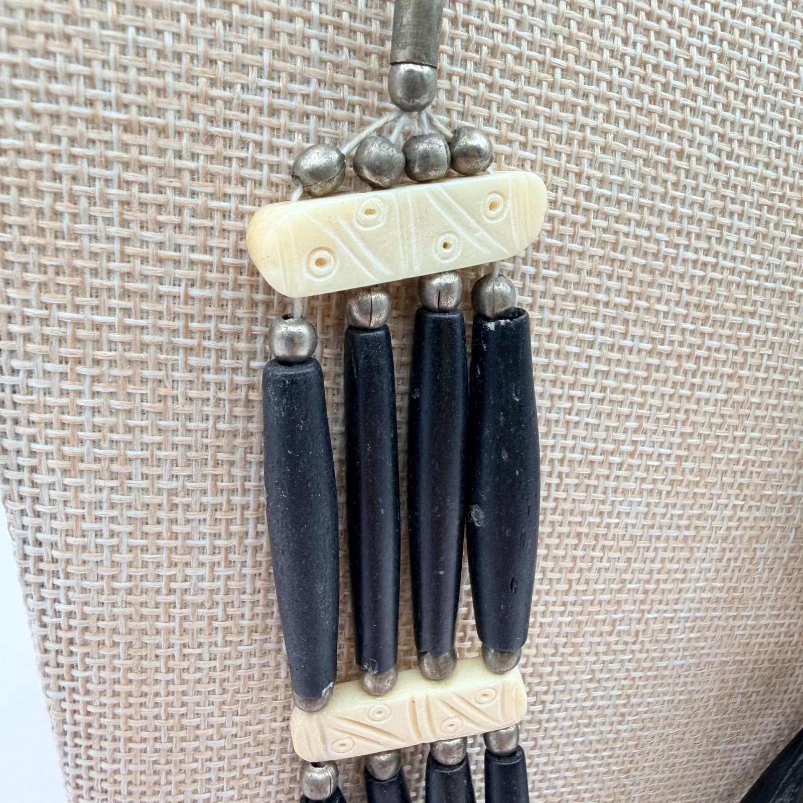 Vintage 90s Tribal Statement Necklace Wood Glass Beads Leather Cord Boho Jewelry - Thumbnail 4