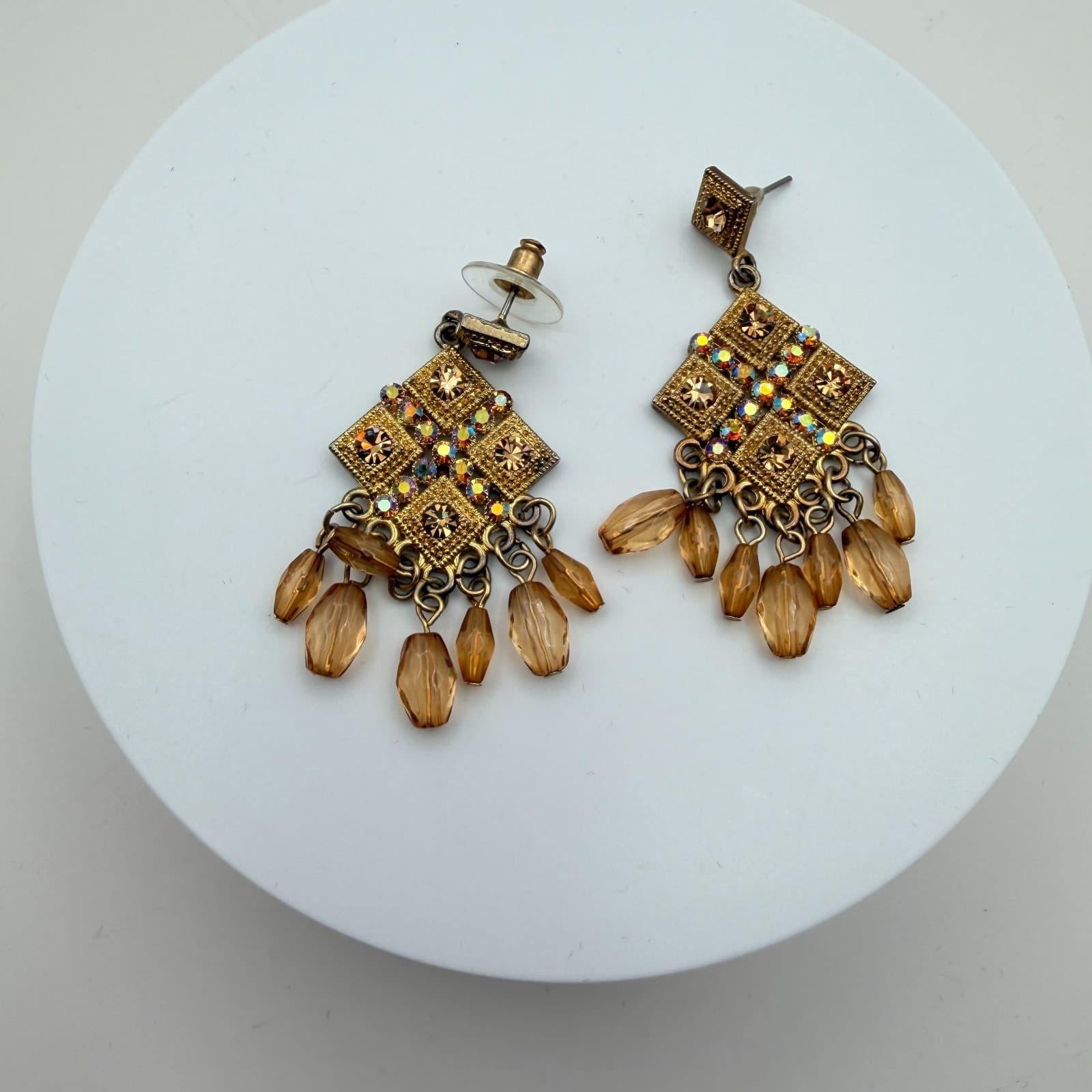 Vintage 90s Gold Tone Amber Glass Chandelier Earrings Boho Geometric Dangle - Thumbnail 3