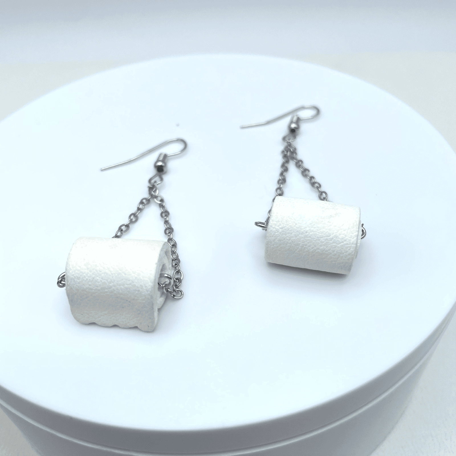Vintage 90s Toilet Paper Roll Dangle Earrings Silver Tone Funny Kitsch Novelty - Image 1