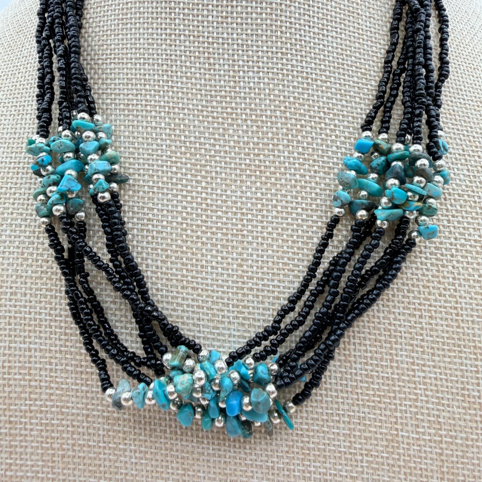 Vintage 90s Multi Strand Turquoise Black Glass Seed Bead Statement Necklace Boho - Thumbnail 2