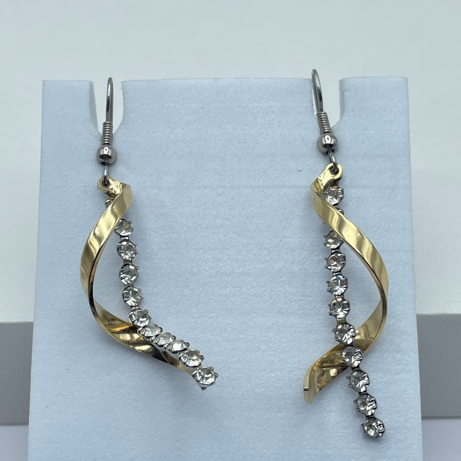 Vintage Y2K Gold Tone Clear Rhinestone Spiral Hook Dangle Earrings Jewelry - Thumbnail 2
