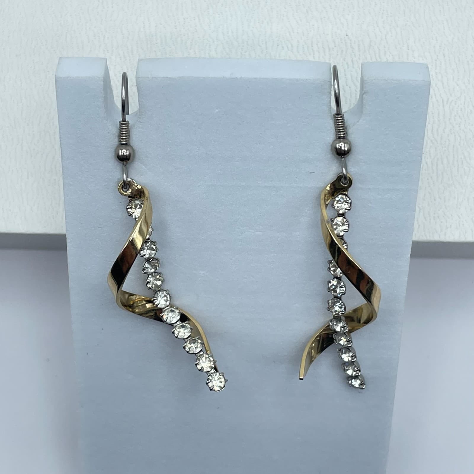Vintage Y2K Gold Tone Clear Rhinestone Spiral Hook Dangle Earrings Jewelry - Thumbnail 4