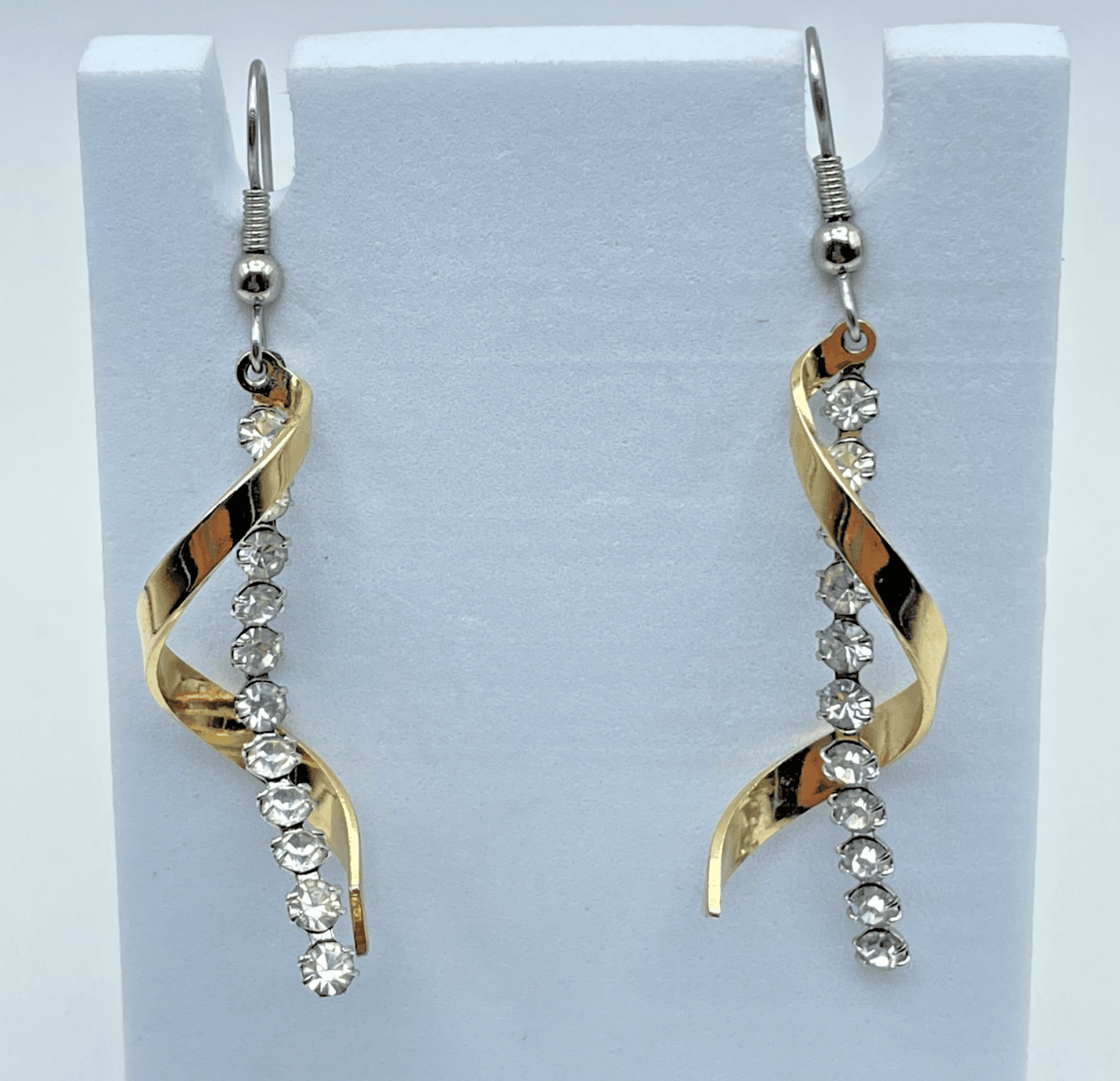 Vintage Y2K Gold Tone Clear Rhinestone Spiral Hook Dangle Earrings Jewelry - Image 1