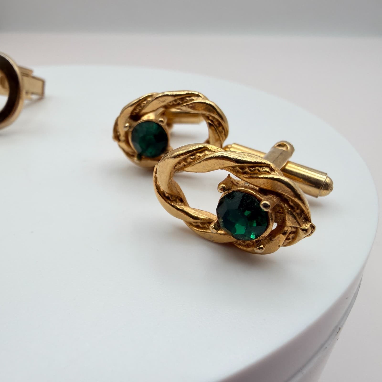 Vintage Y2K Gold Tone Faux Pearl Green Glass Cufflinks Set 2 Pair Men's Jewelry - Thumbnail 2