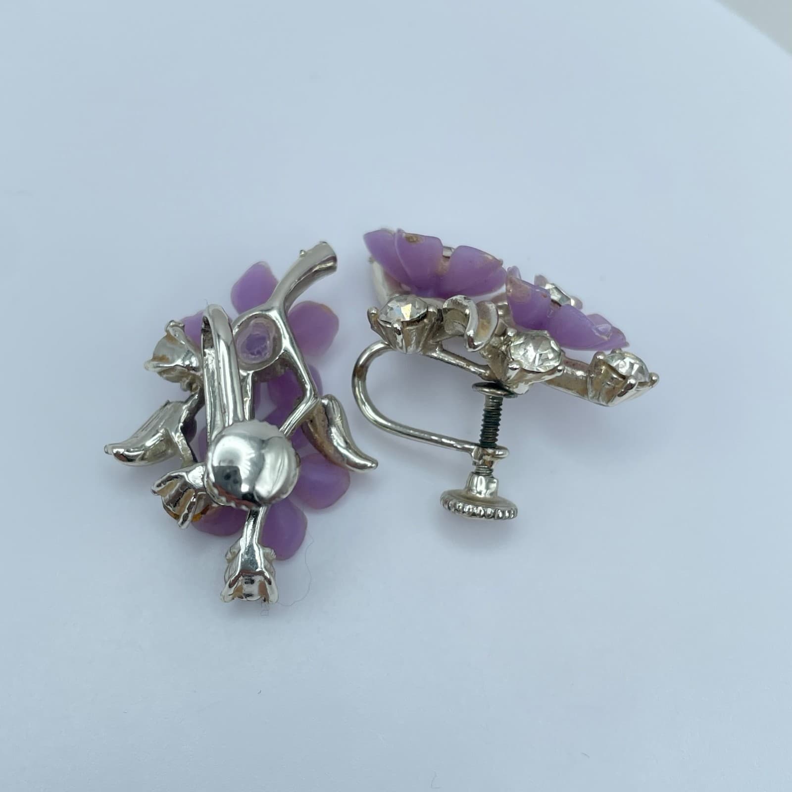 Vintage 90s Silver Tone Purple Flower Rhinestone Earrings Women's Jewelry - Thumbnail 8
