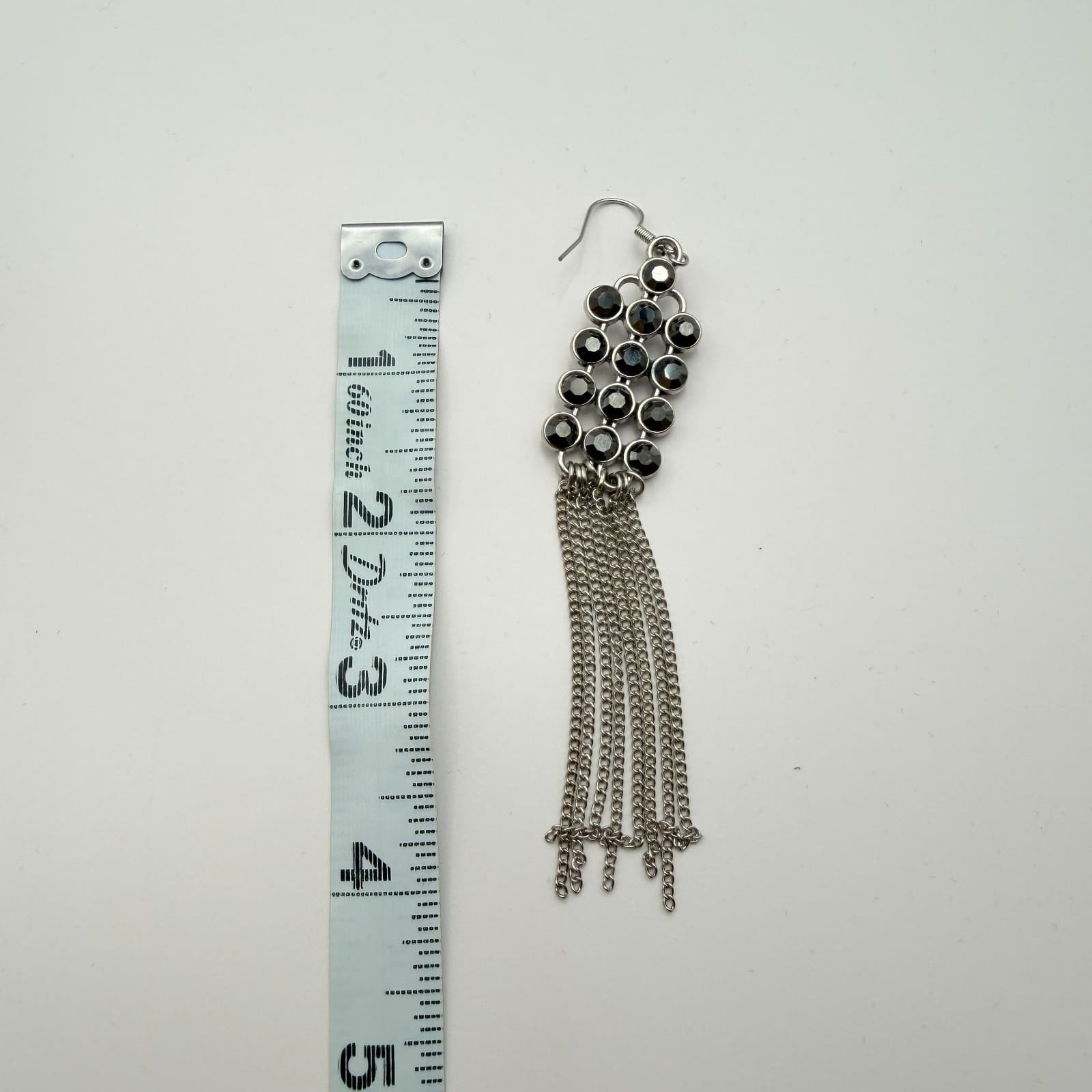 Vintage 90s Black Glass Silver Tone Dangle Drop Tassel Earrings Boho Jewelry - Thumbnail 8