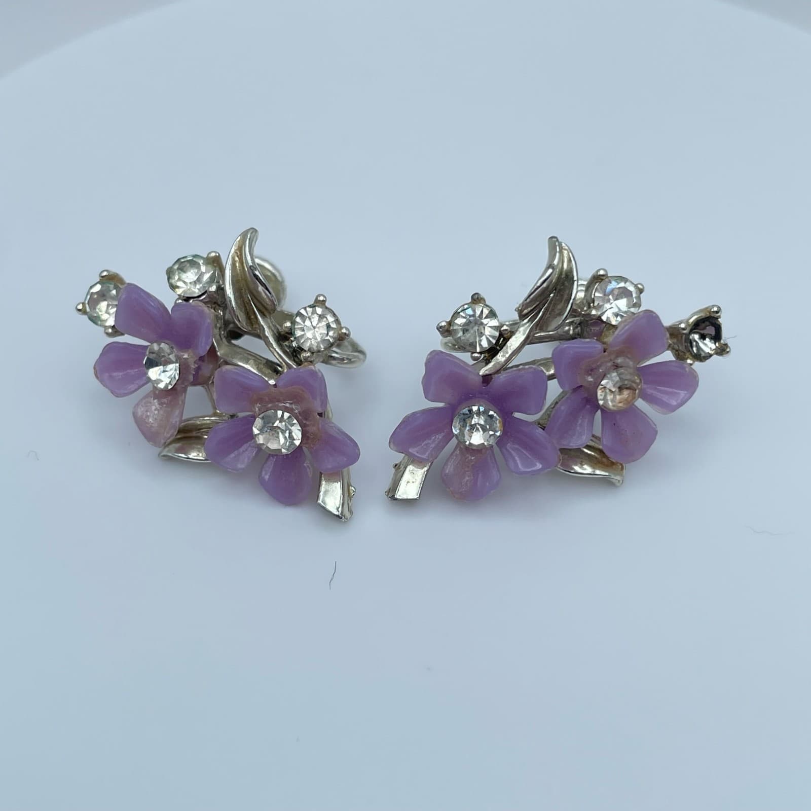 Vintage 90s Silver Tone Purple Flower Rhinestone Earrings Women's Jewelry - Thumbnail 5