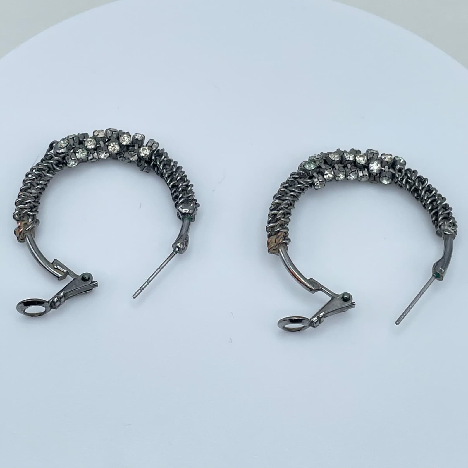 Vintage 90s Silver Tone Clear Rhinestone Mesh Hoop Earrings Women's Jewelry - Thumbnail 3