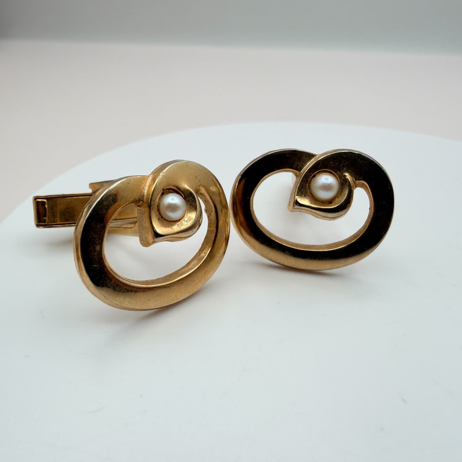 Vintage Y2K Gold Tone Faux Pearl Green Glass Cufflinks Set 2 Pair Men's Jewelry - Thumbnail 3