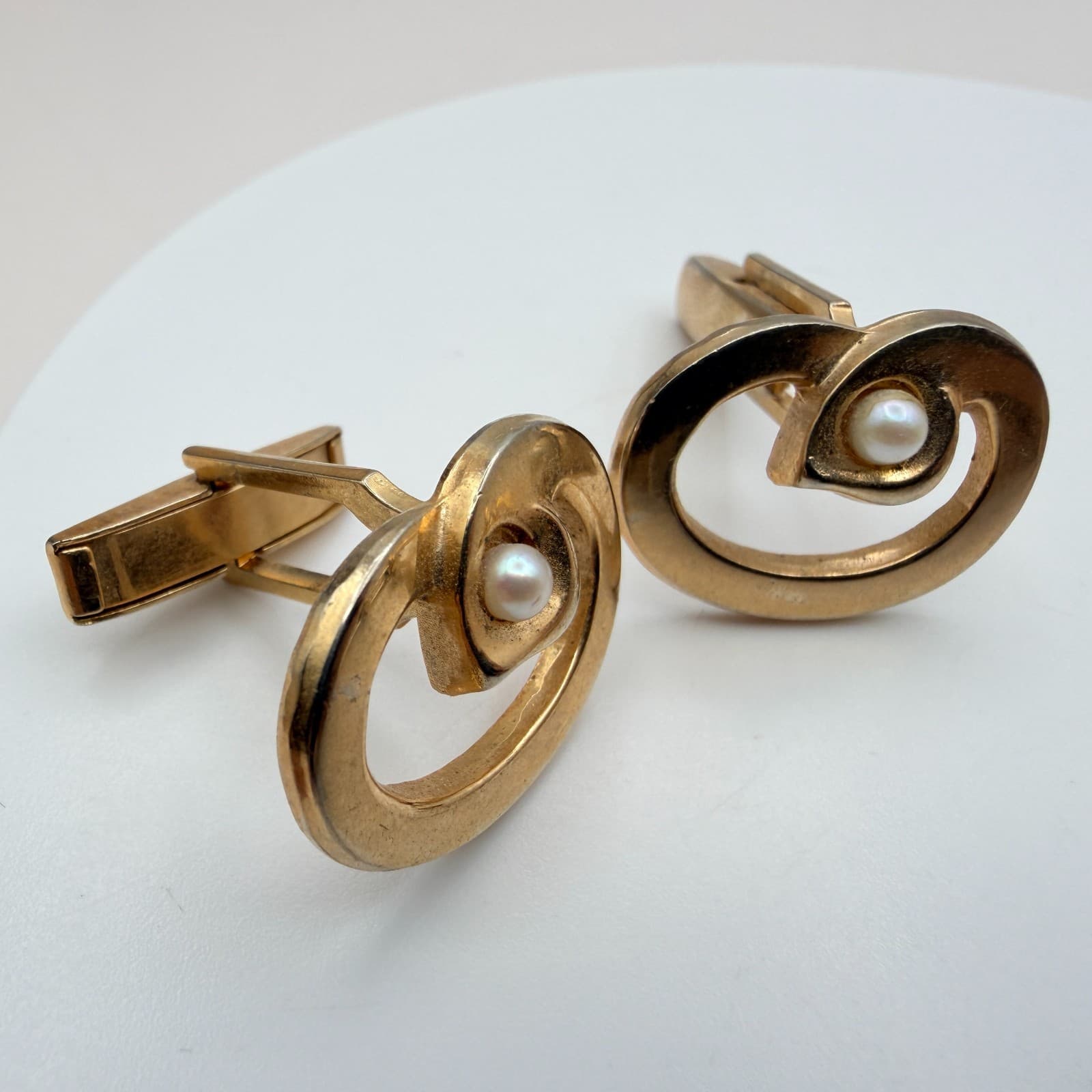 Vintage Y2K Gold Tone Faux Pearl Green Glass Cufflinks Set 2 Pair Men's Jewelry - Thumbnail 5