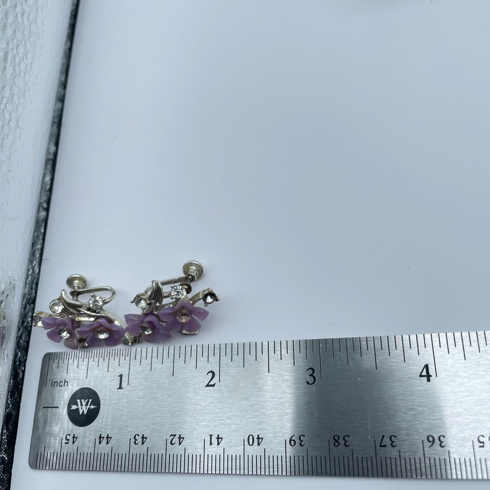 Vintage 90s Silver Tone Purple Flower Rhinestone Earrings Women's Jewelry - Thumbnail 9