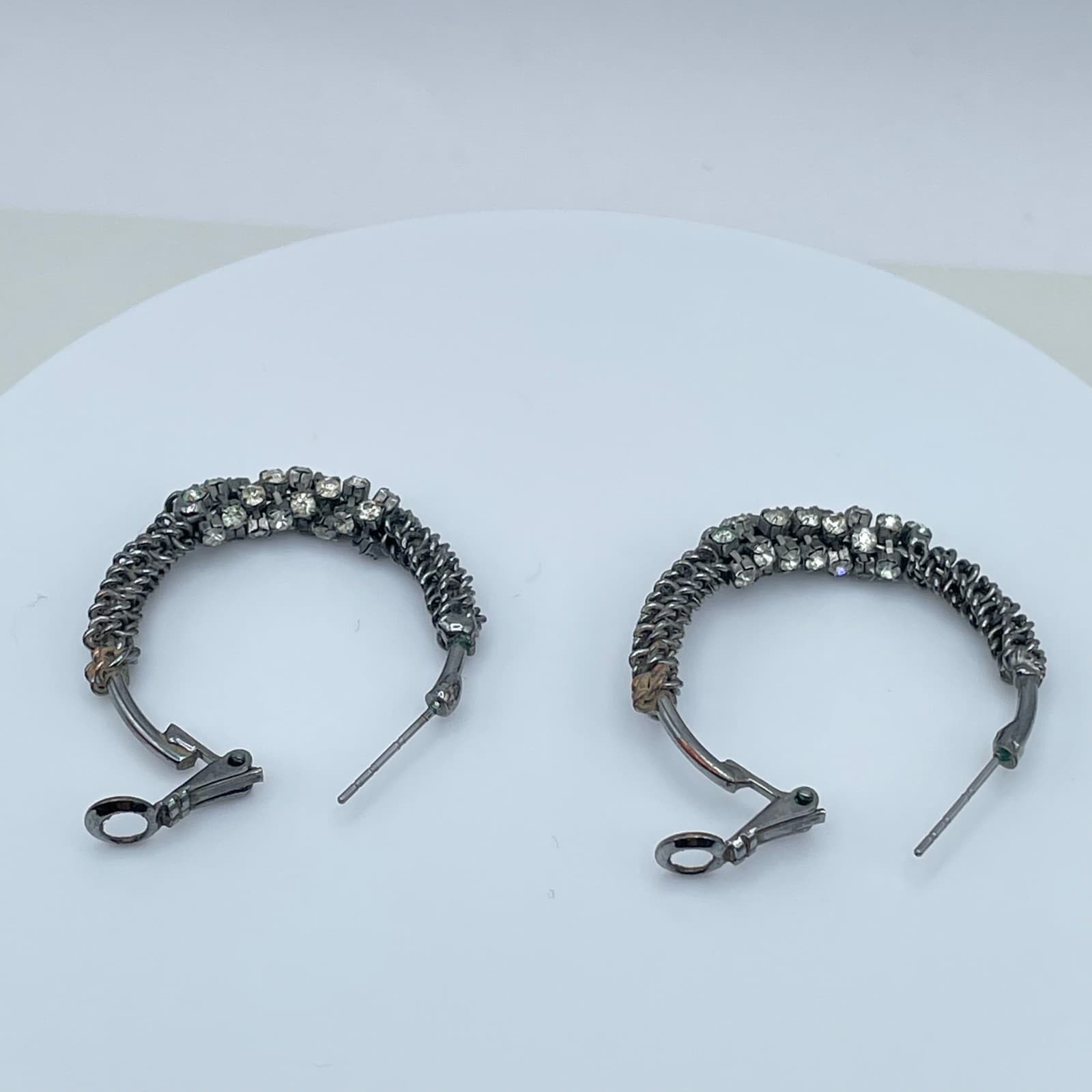 Vintage 90s Silver Tone Clear Rhinestone Mesh Hoop Earrings Women's Jewelry - Thumbnail 2