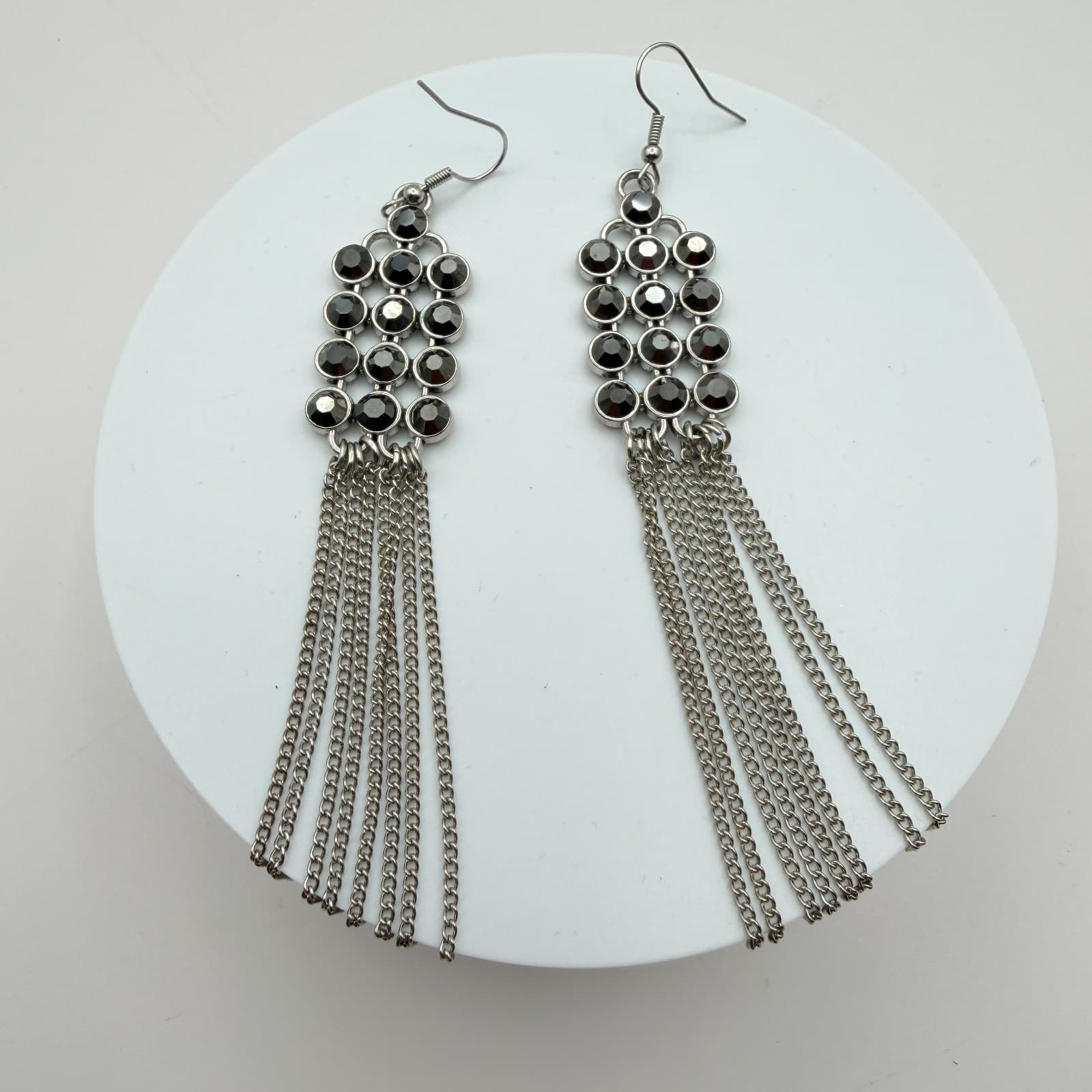 Vintage 90s Black Glass Silver Tone Dangle Drop Tassel Earrings Boho Jewelry - Thumbnail 2