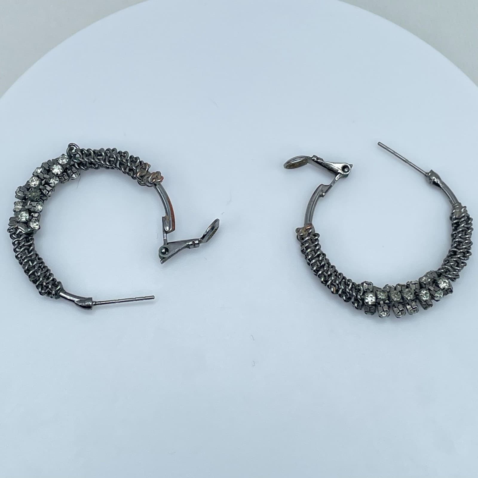 Vintage 90s Silver Tone Clear Rhinestone Mesh Hoop Earrings Women's Jewelry - Thumbnail 4