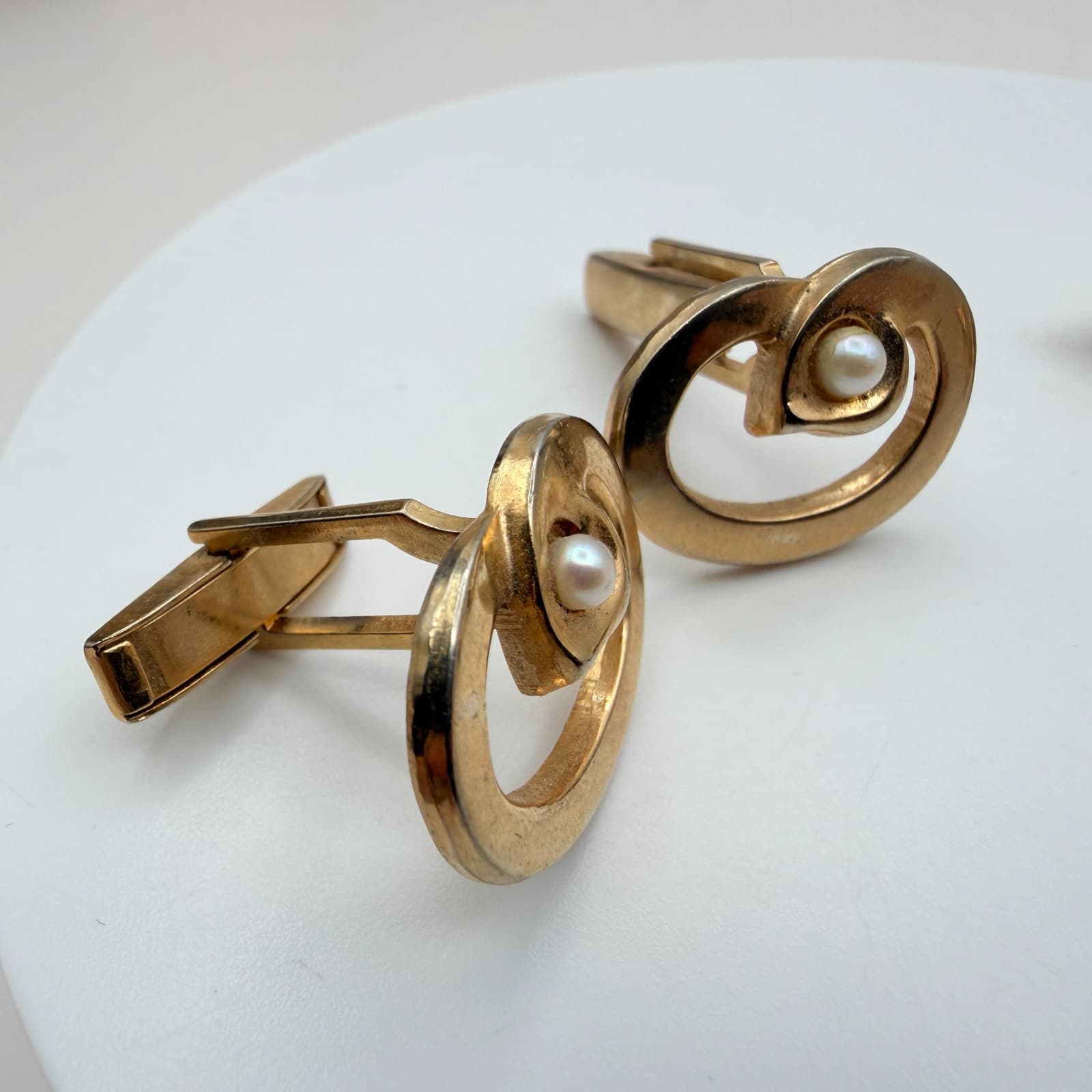 Vintage Y2K Gold Tone Faux Pearl Green Glass Cufflinks Set 2 Pair Men's Jewelry - Thumbnail 4