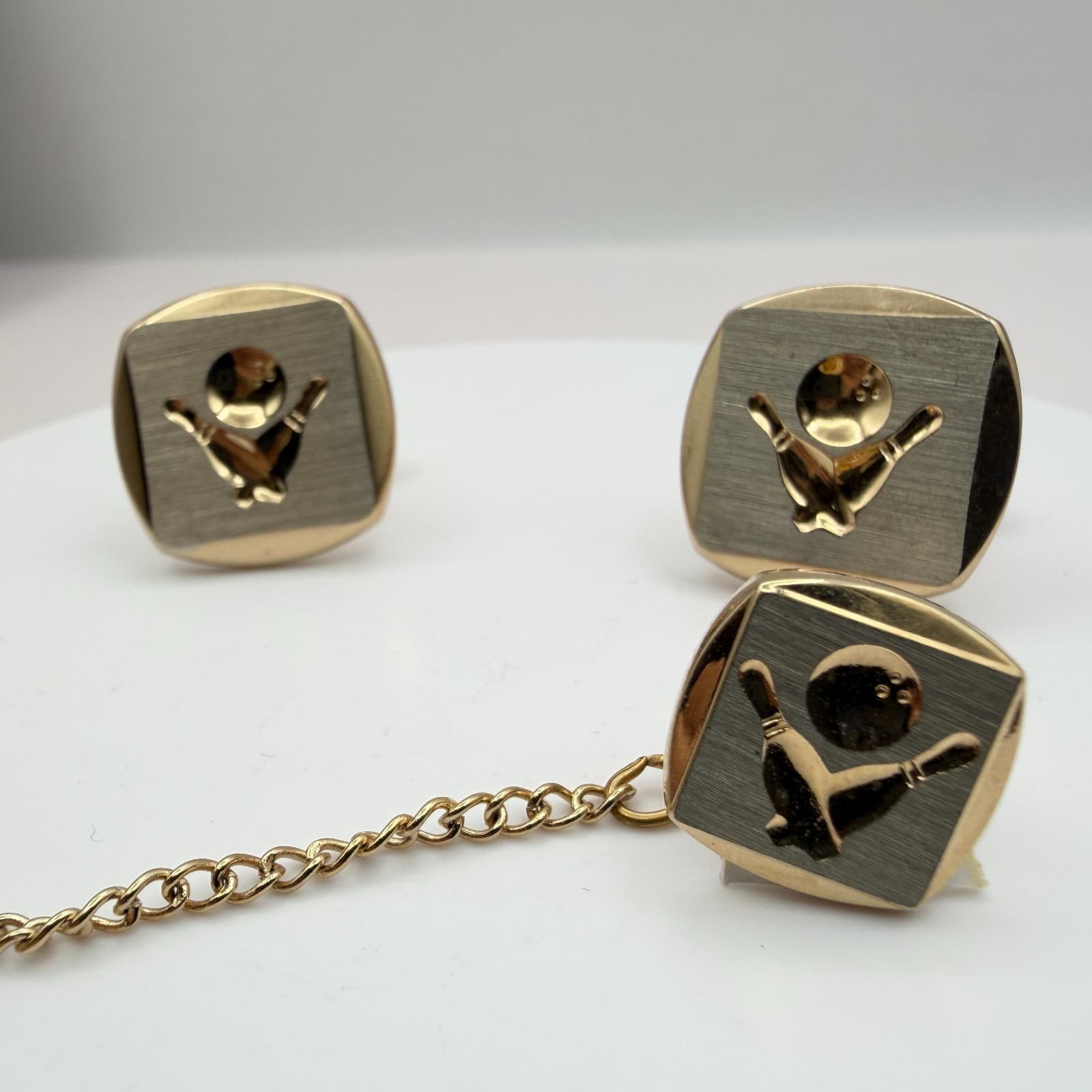 VTG Y2K Gold Tone Bowling Tie Tac Cufflinks Set Men's Classic Fashion Jewelry - Thumbnail 4