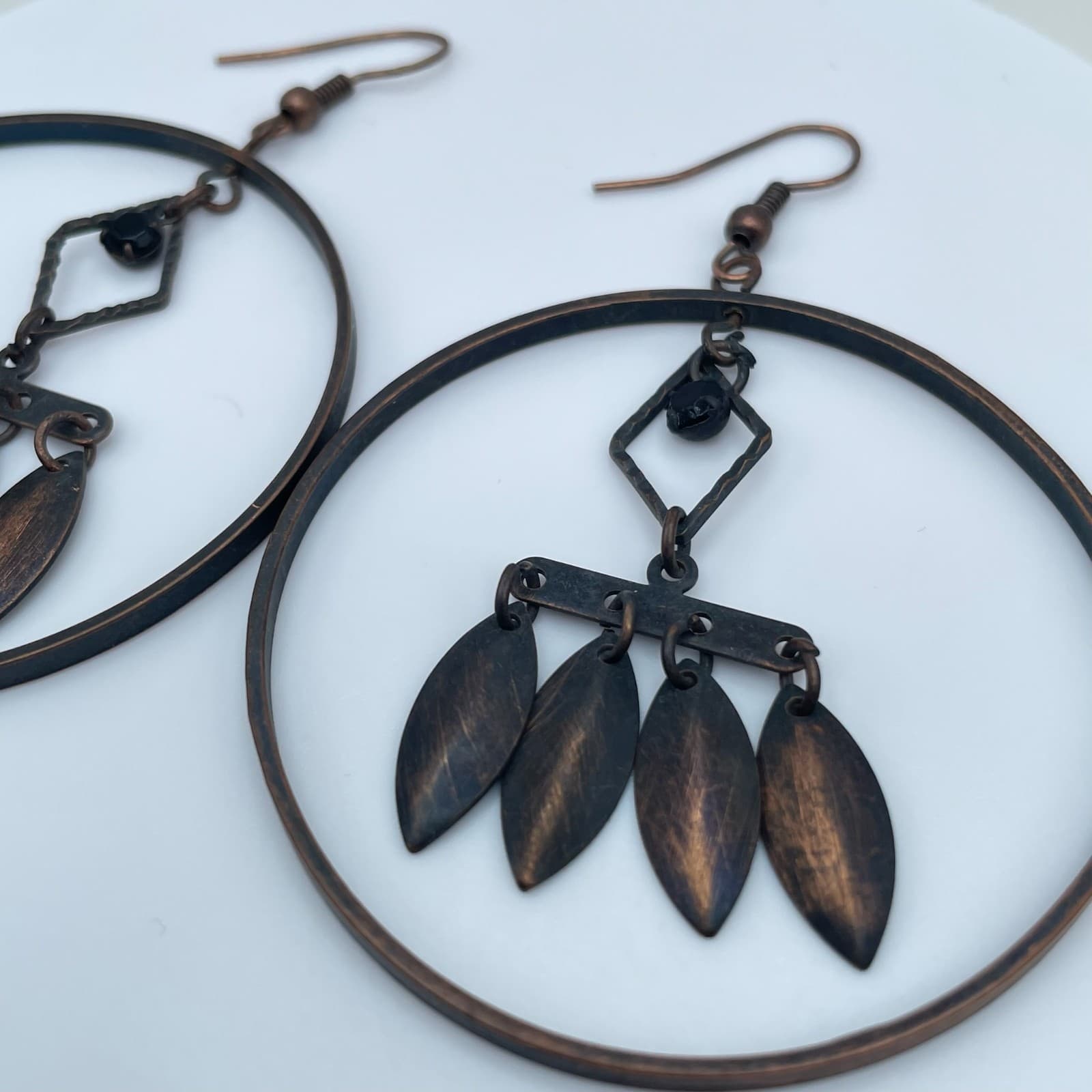 Vintage 90s Copper Tone Geometric Hoop Dangle Earrings Women's Classic Jewelry - Thumbnail 4