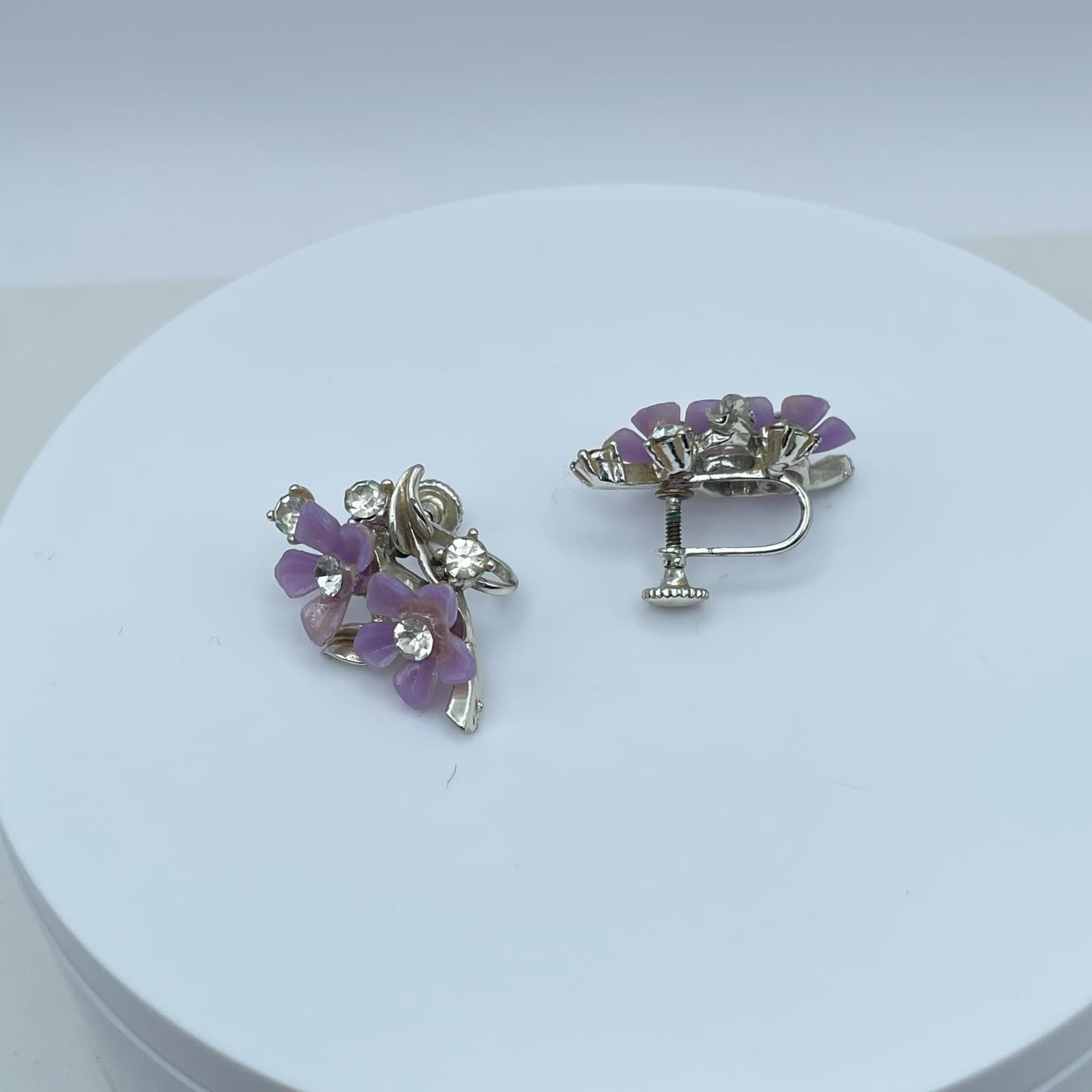 Vintage 90s Silver Tone Purple Flower Rhinestone Earrings Women's Jewelry - Thumbnail 4