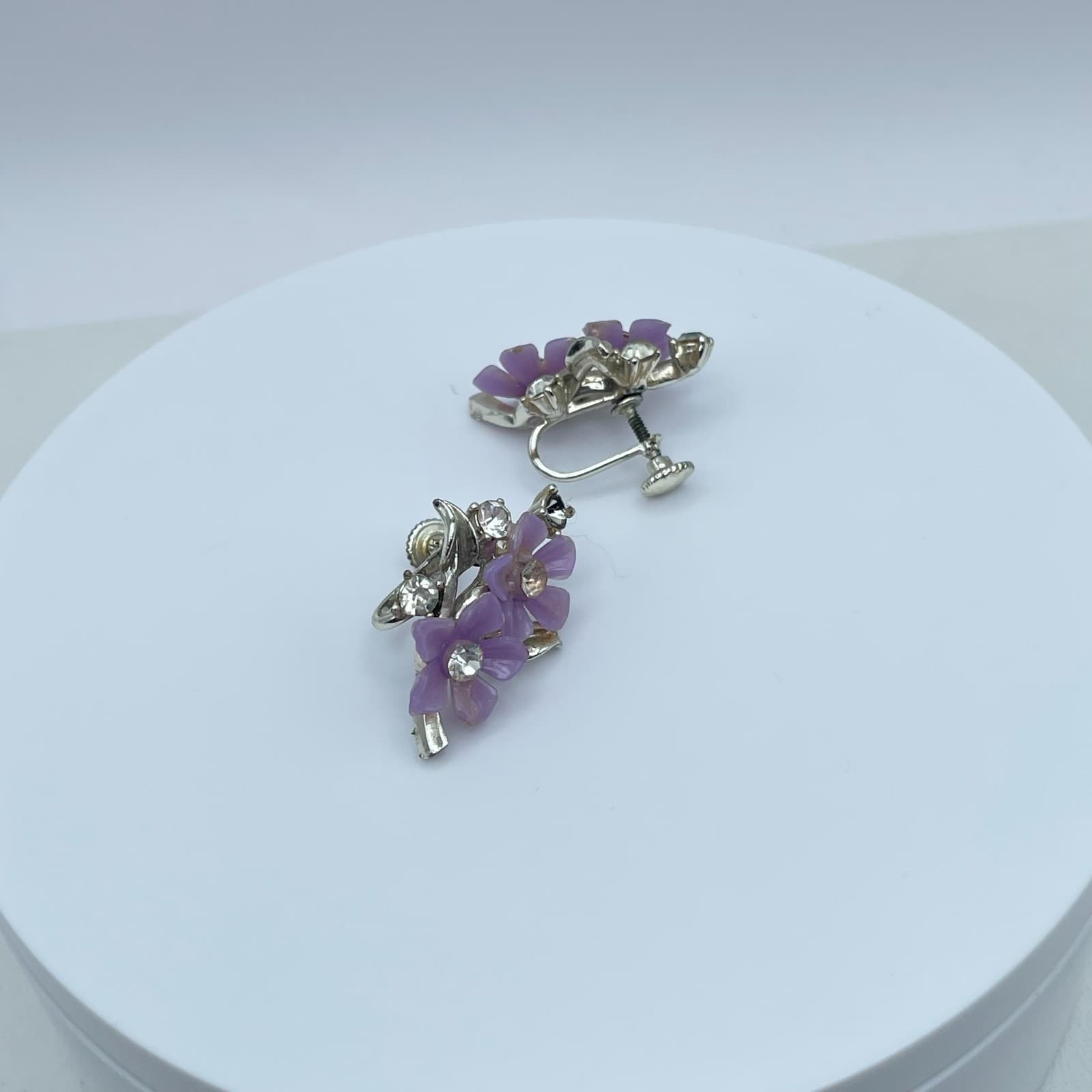 Vintage 90s Silver Tone Purple Flower Rhinestone Earrings Women's Jewelry - Thumbnail 3