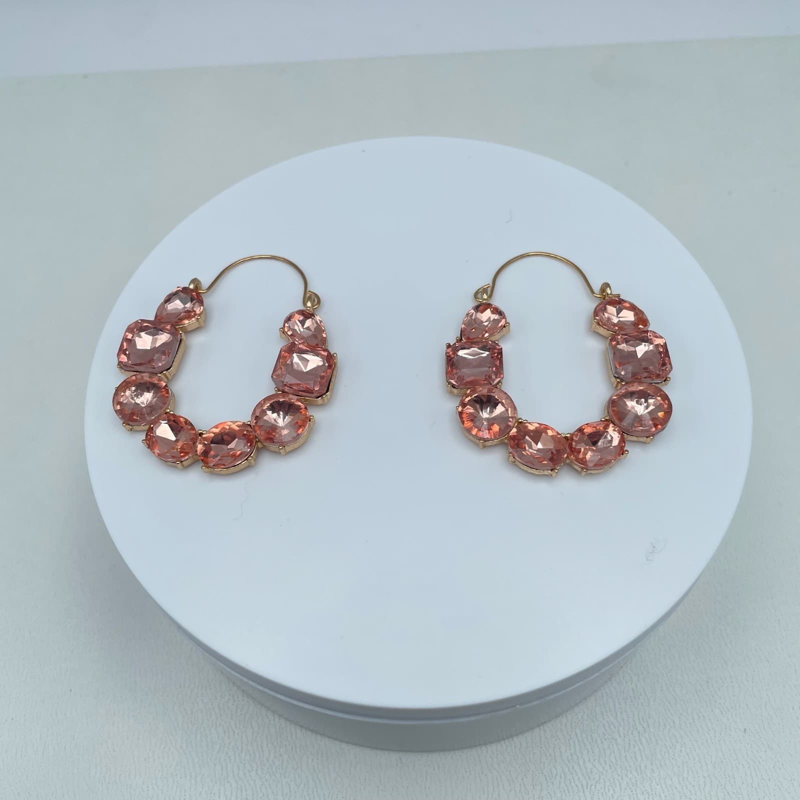 Vintage 90s Gold Tone Peach Pink Hoop Earrings Boho Women's Classic Jewelry - Thumbnail 5